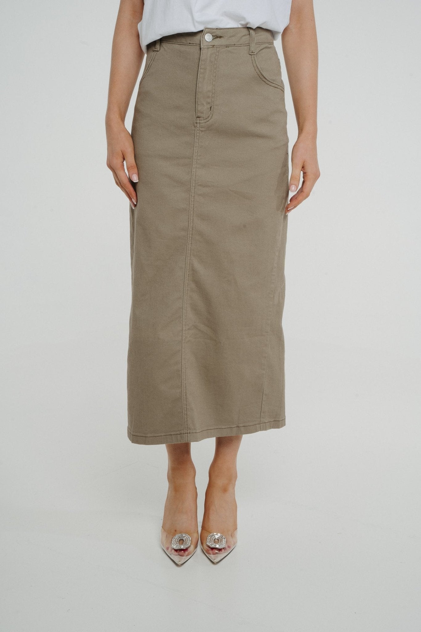Ivy Midi Skirt In Khaki - The Walk in Wardrobe