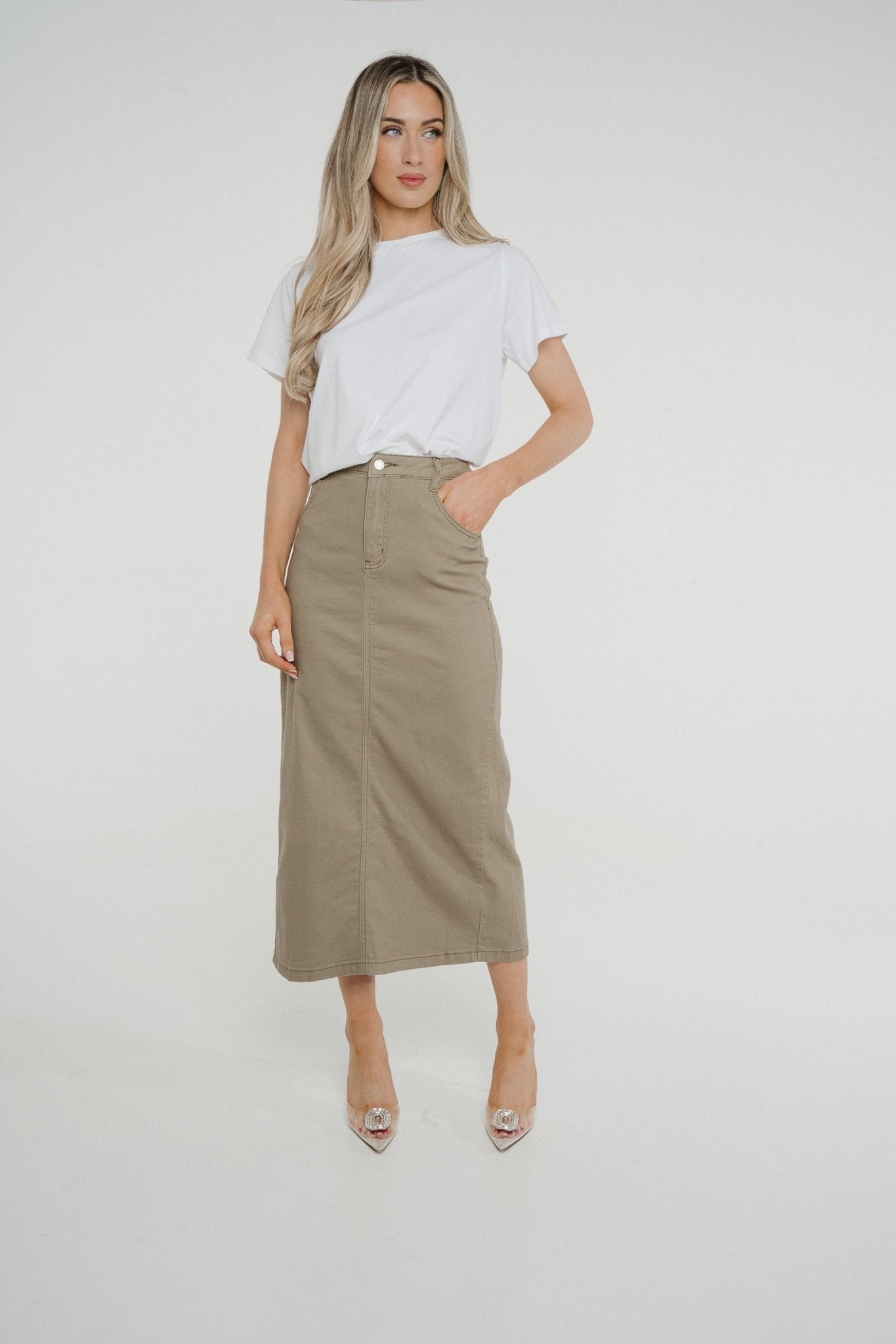 Ivy Midi Skirt In Khaki - The Walk in Wardrobe