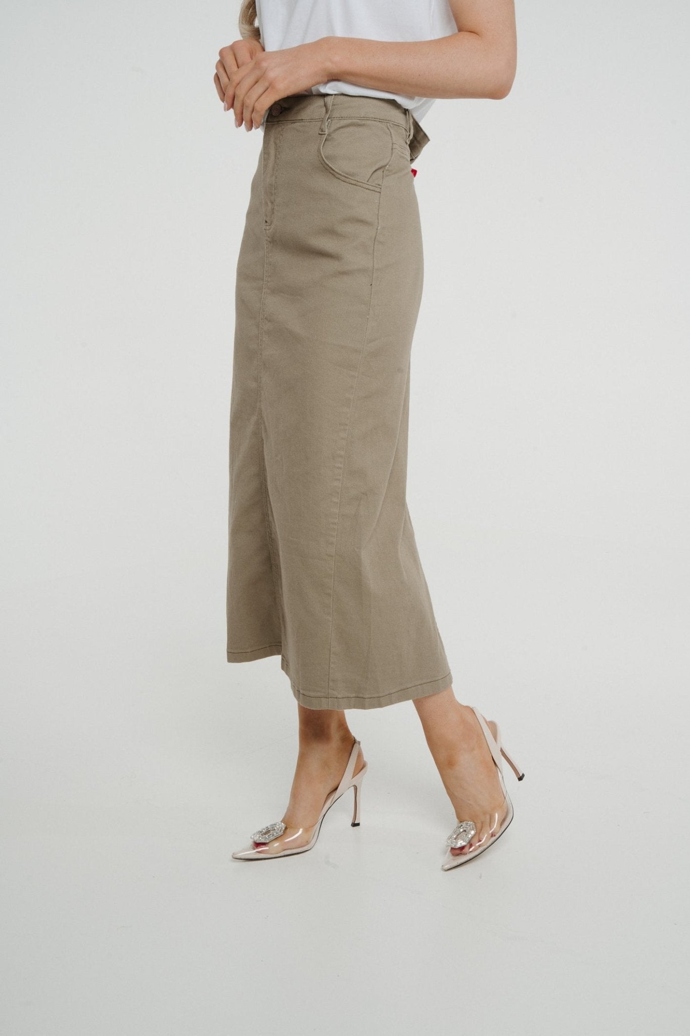 Ivy Midi Skirt In Khaki - The Walk in Wardrobe
