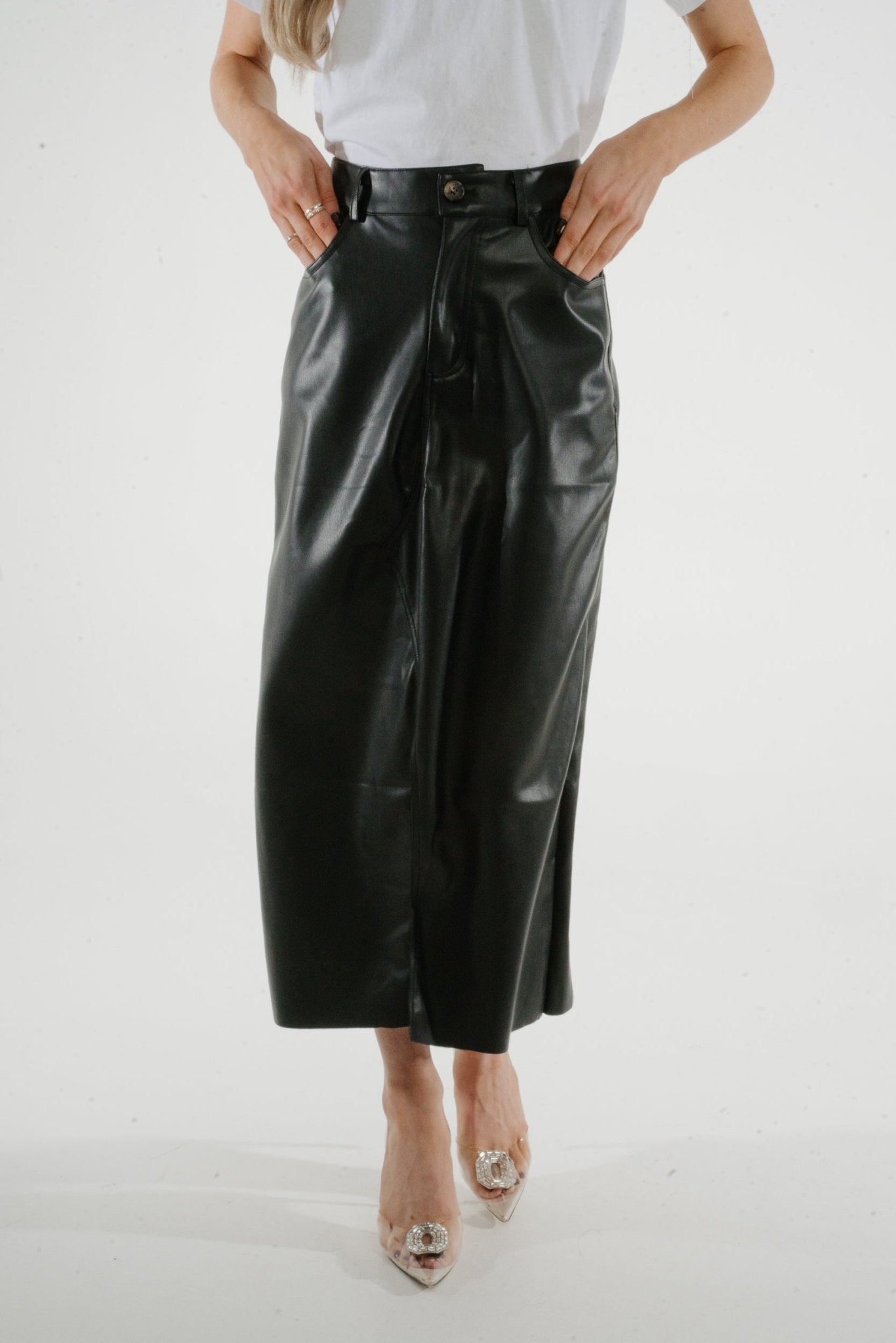 Jane Faux Leather Midi Skirt In Black - The Walk in Wardrobe