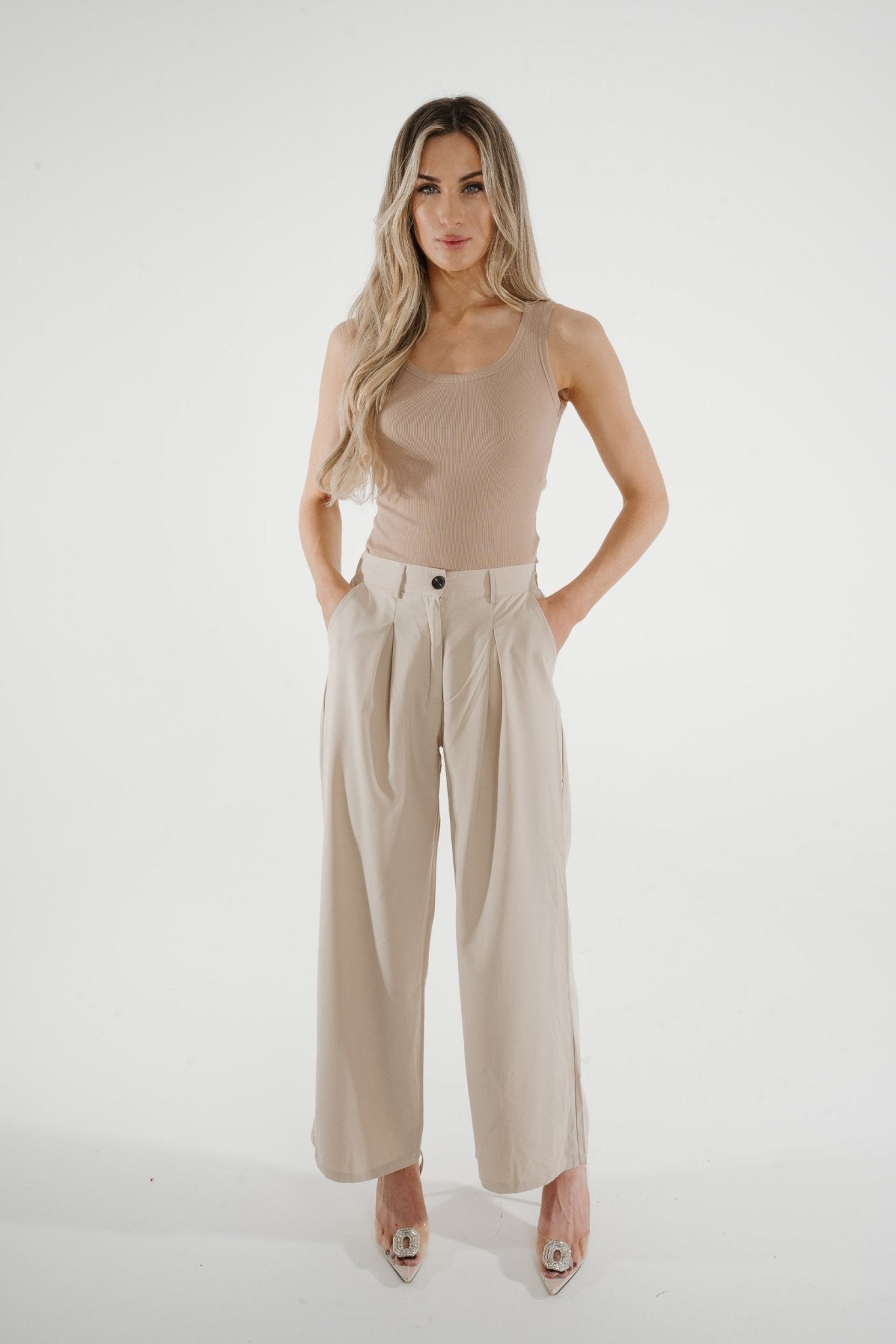 Jane Pleat Front Trouser In Neutral - The Walk in Wardrobe