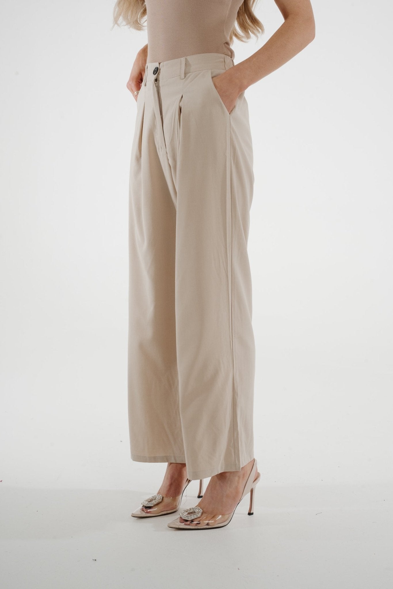 Jane Pleat Front Trouser In Neutral - The Walk in Wardrobe