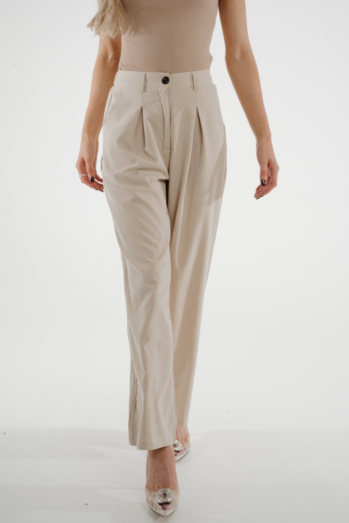 Jane Pleat Front Trouser In Neutral - The Walk in Wardrobe