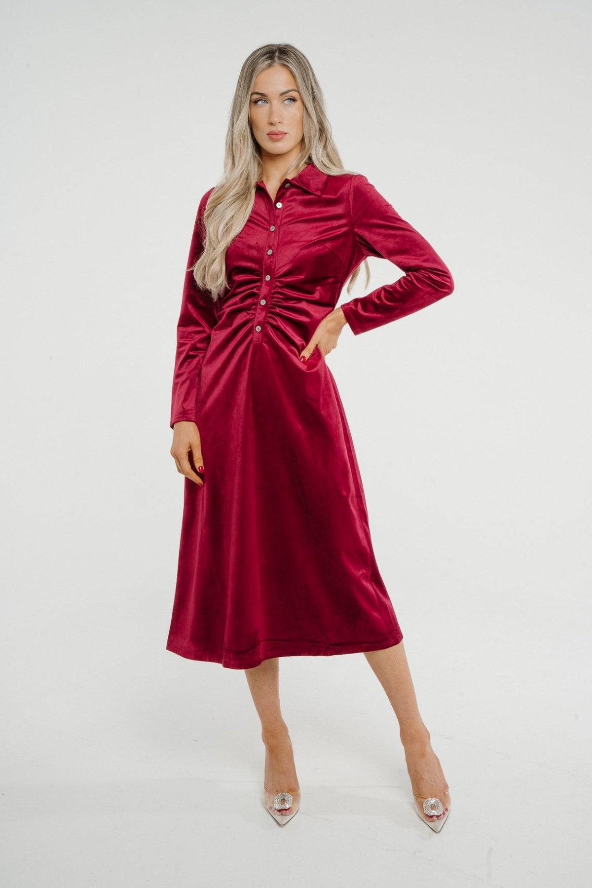 Jasmine Velvet Midi Dress In Red - The Walk in Wardrobe