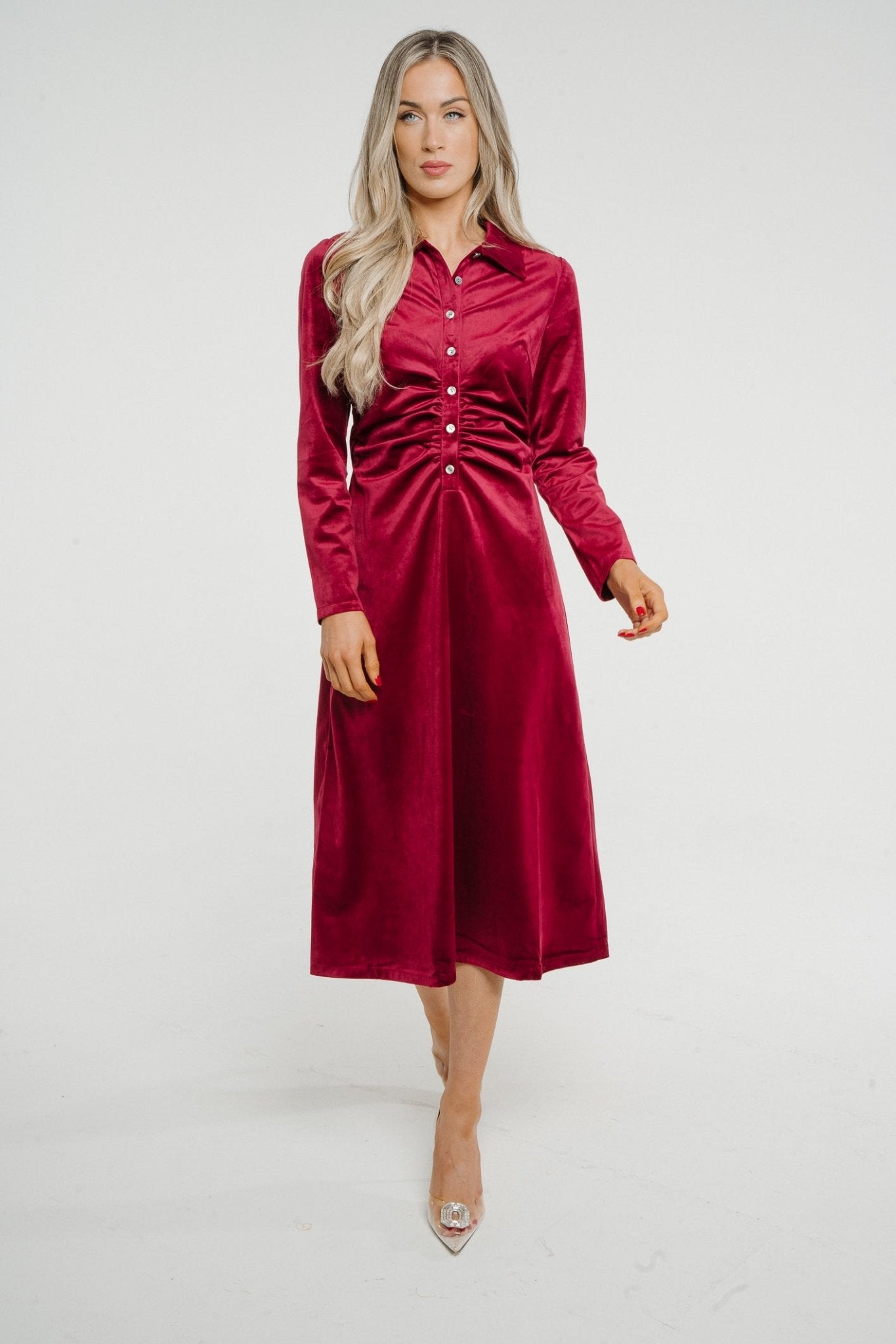 Jasmine Velvet Midi Dress In Red - The Walk in Wardrobe