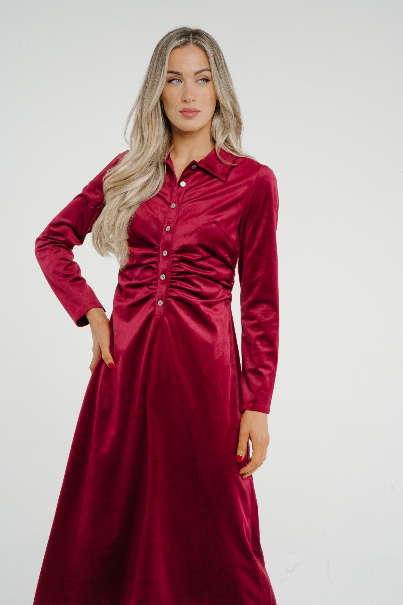 Jasmine Velvet Midi Dress In Red - The Walk in Wardrobe
