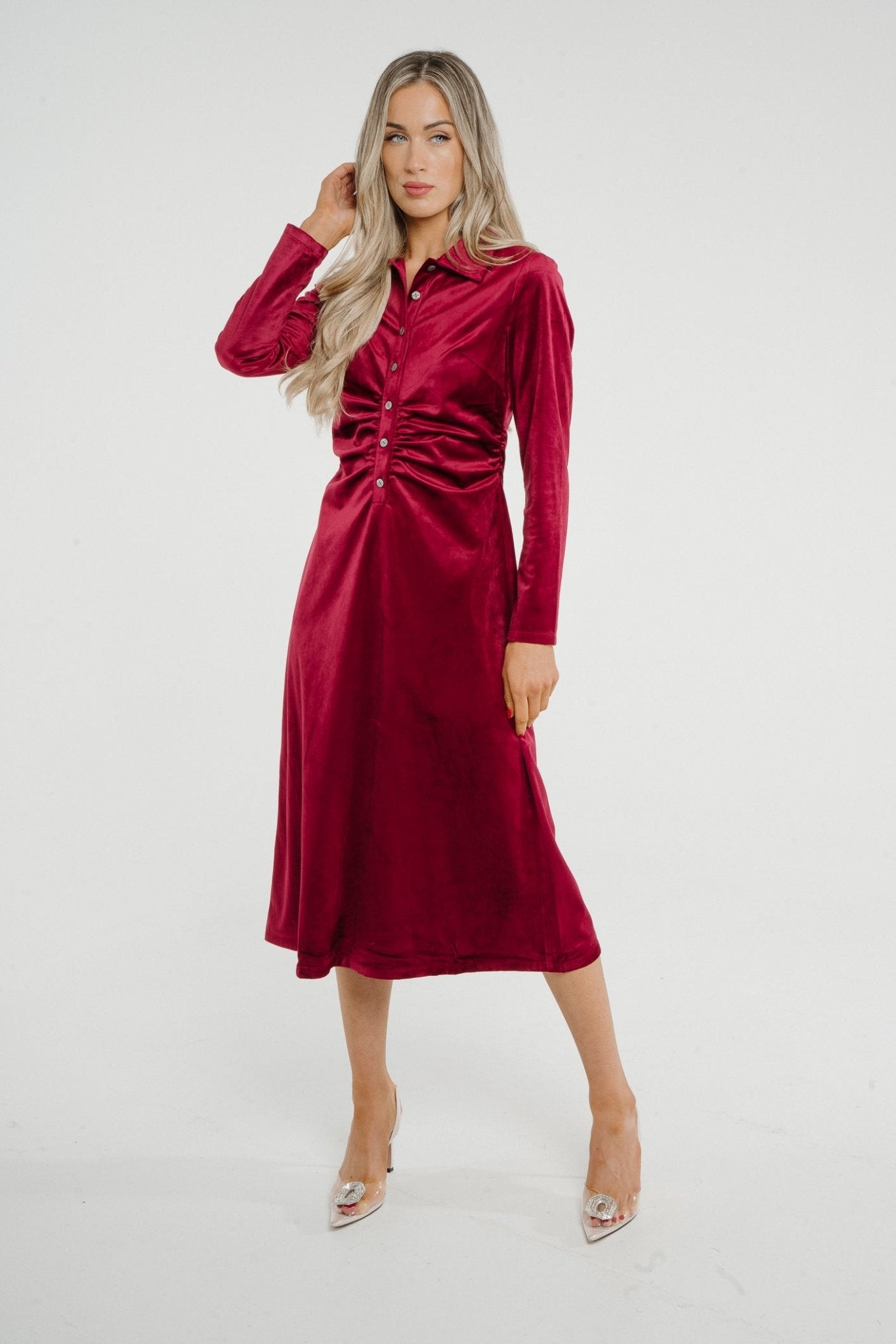 Jasmine Velvet Midi Dress In Red - The Walk in Wardrobe