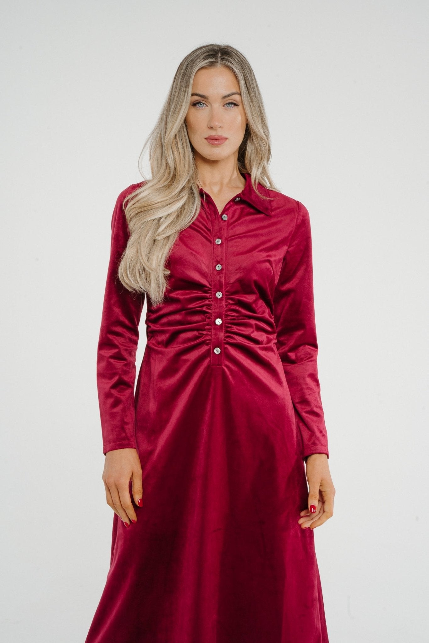 Jasmine Velvet Midi Dress In Red - The Walk in Wardrobe