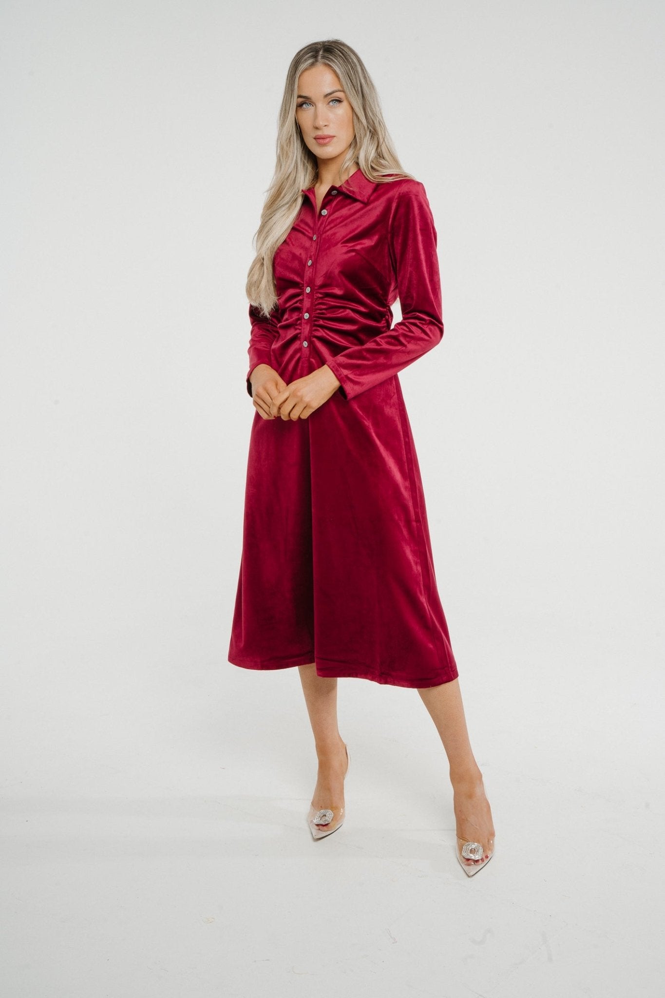 Jasmine Velvet Midi Dress In Red - The Walk in Wardrobe
