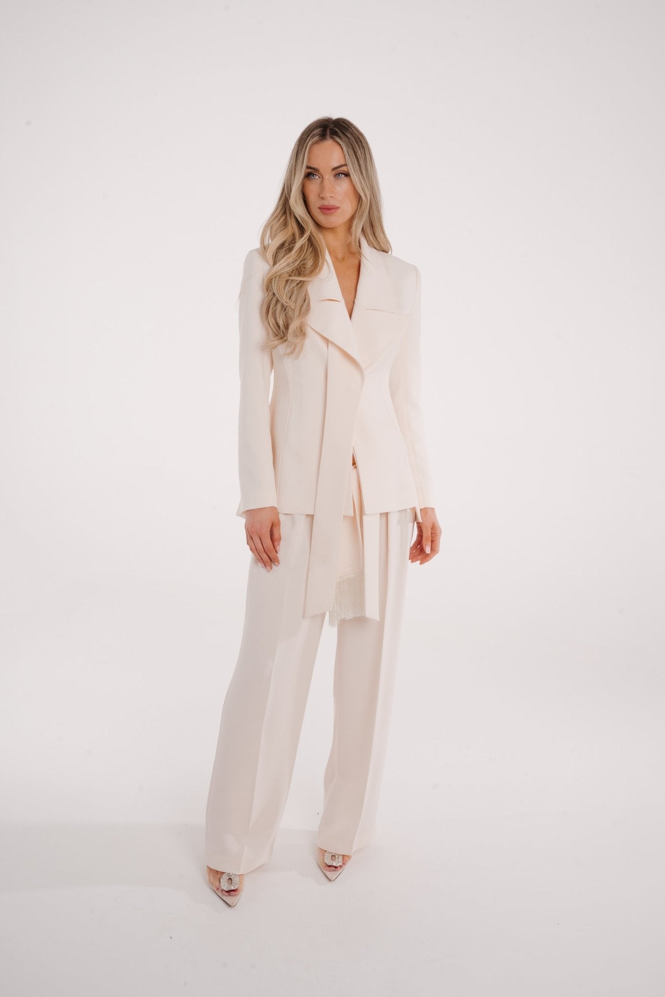 Kayla Fringe Belted Trousers In Cream - The Walk in Wardrobe