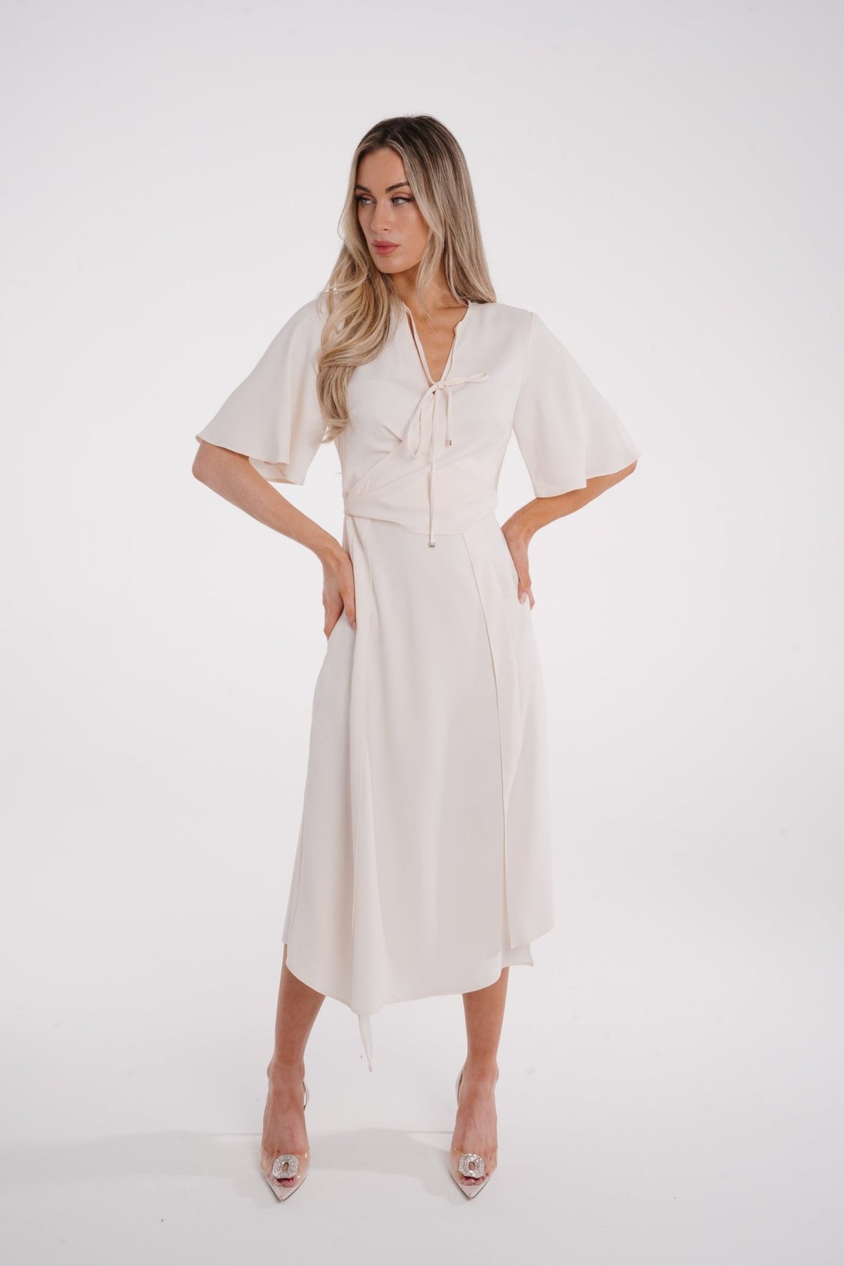 Kayla Overlay Detail Dress In Cream - The Walk in Wardrobe