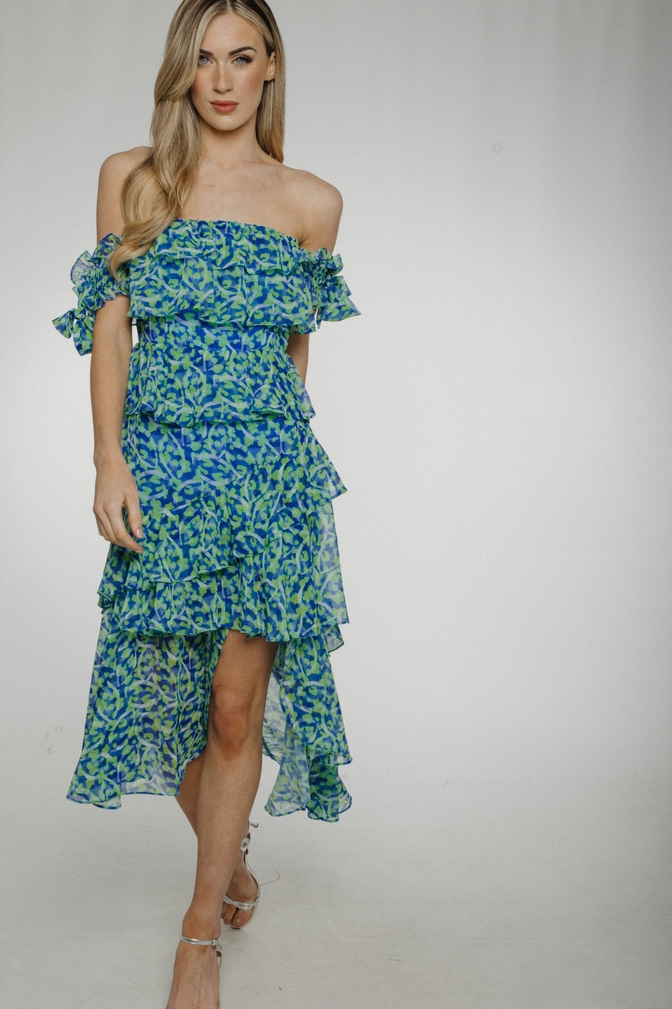 Kayla Tiered Dress In Blue & Green - The Walk in Wardrobe