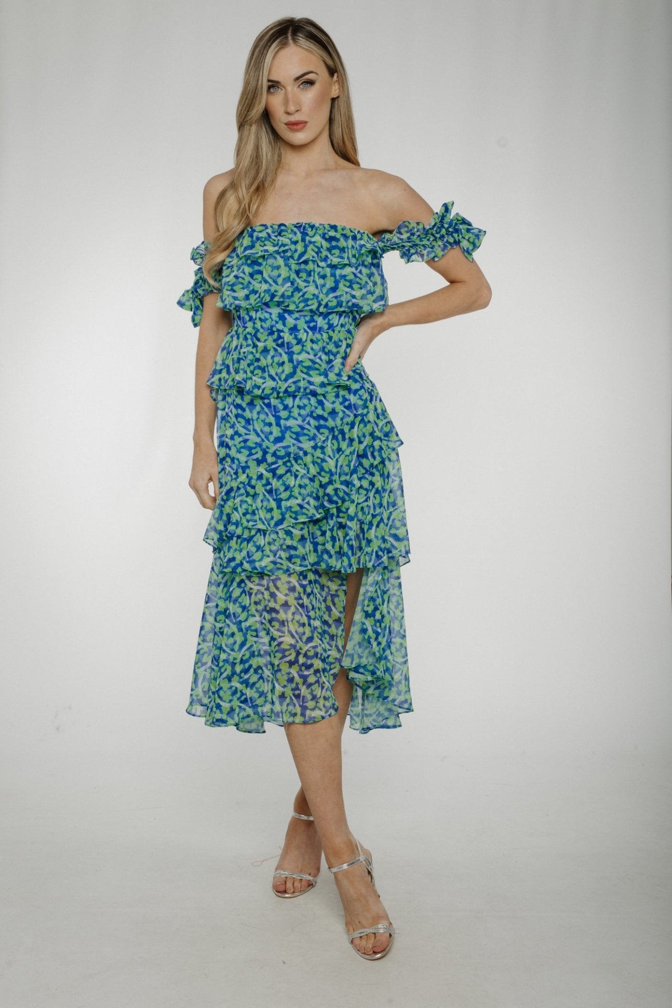 Kayla Tiered Dress In Blue & Green - The Walk in Wardrobe
