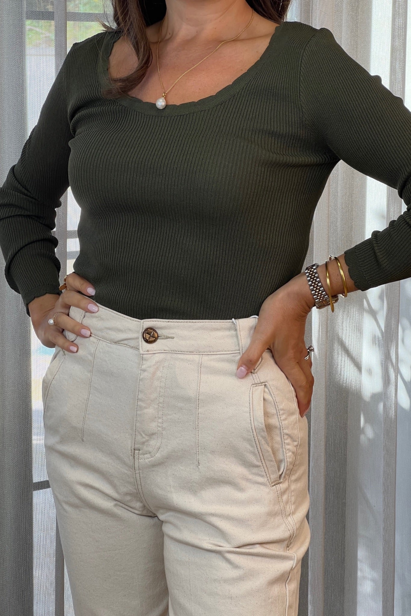 Kendra Long Sleeve Top In Khaki - The Walk in Wardrobe