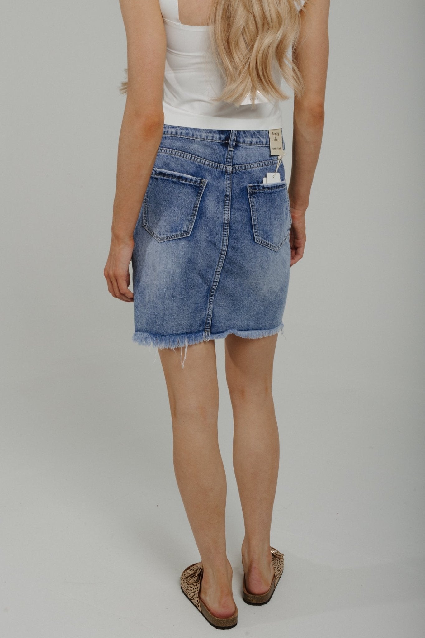 Maddie Distressed Denim Skirt In Mid Wash - The Walk in Wardrobe