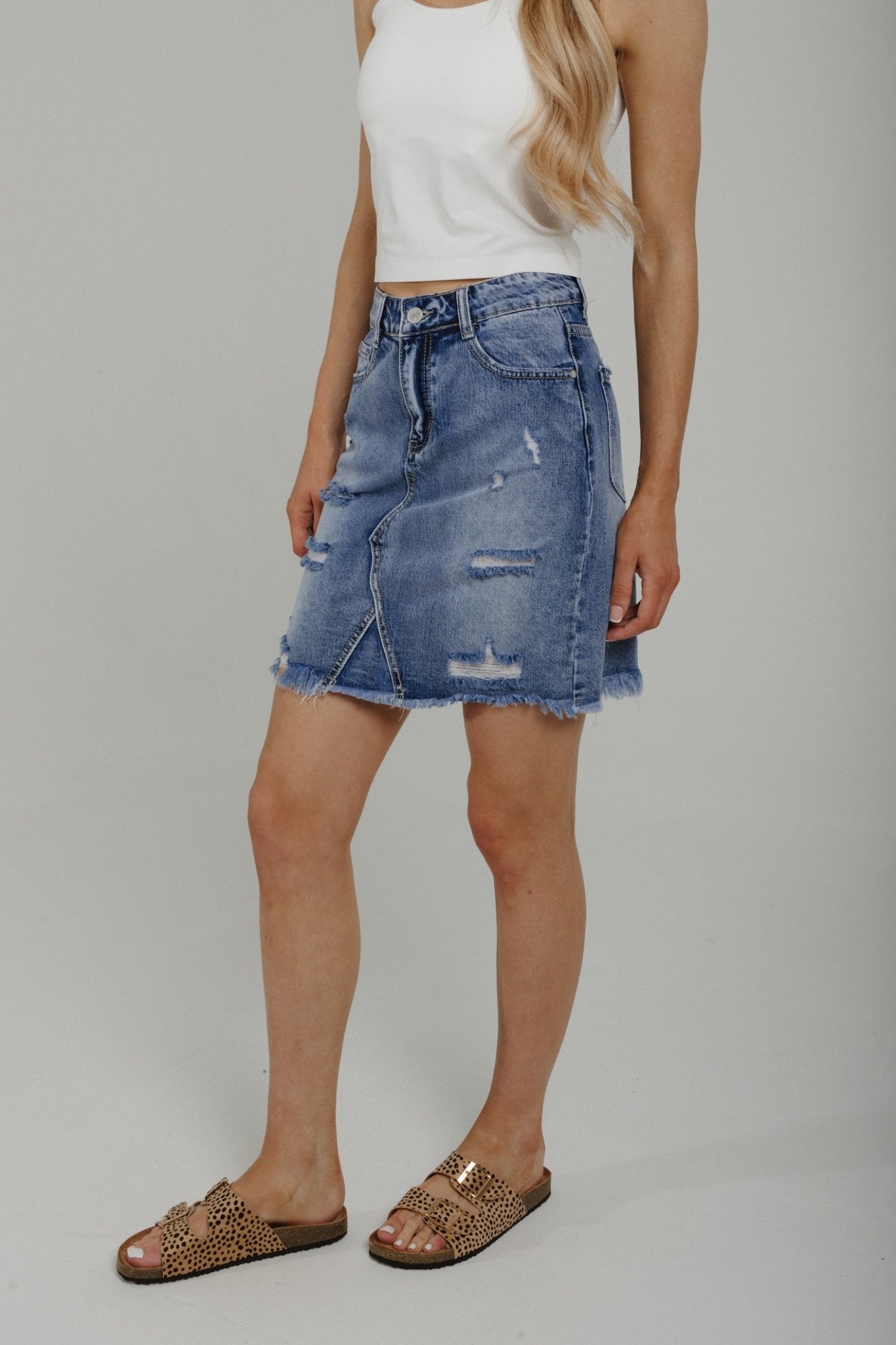 Maddie Distressed Denim Skirt In Mid Wash - The Walk in Wardrobe