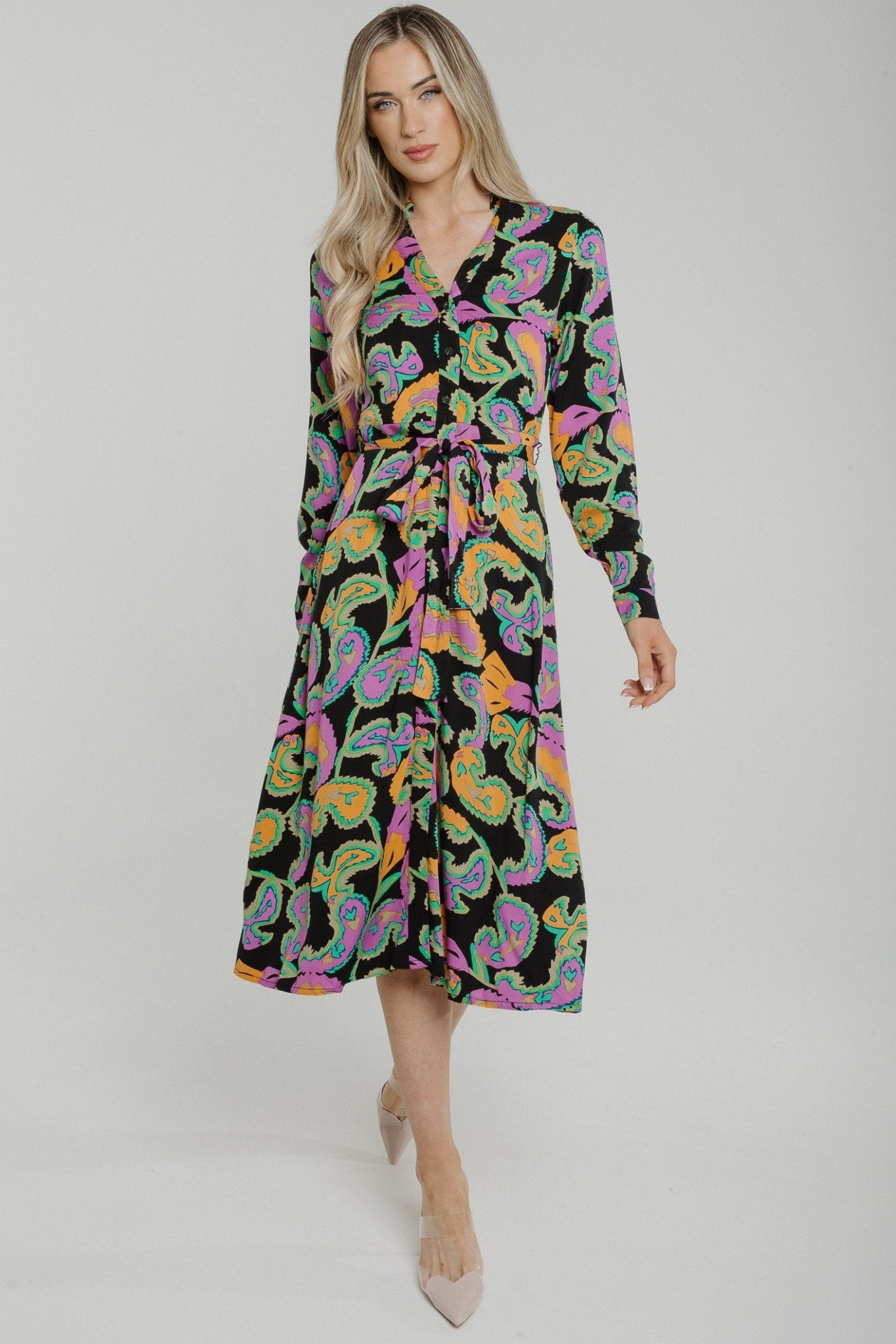 Penny Tie Waist Shirt Dress In Black Multi - The Walk in Wardrobe