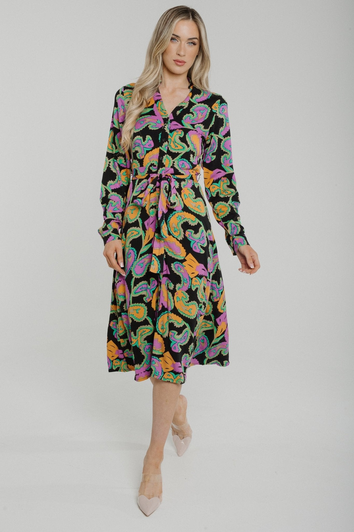 Penny Tie Waist Shirt Dress In Black Multi - The Walk in Wardrobe