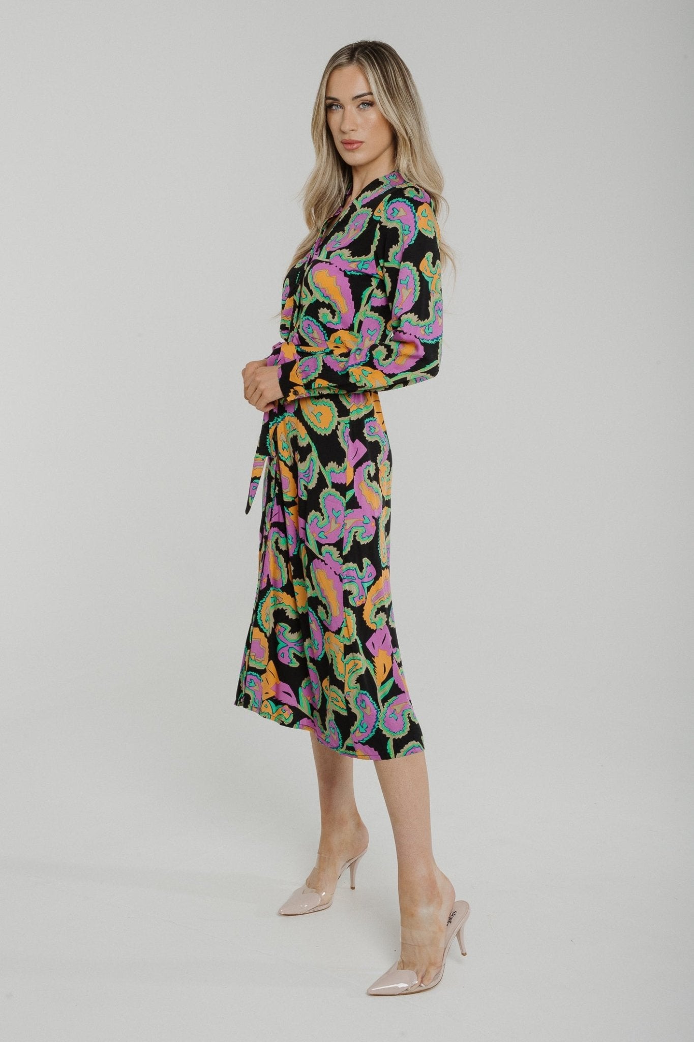 Penny Tie Waist Shirt Dress In Black Multi - The Walk in Wardrobe