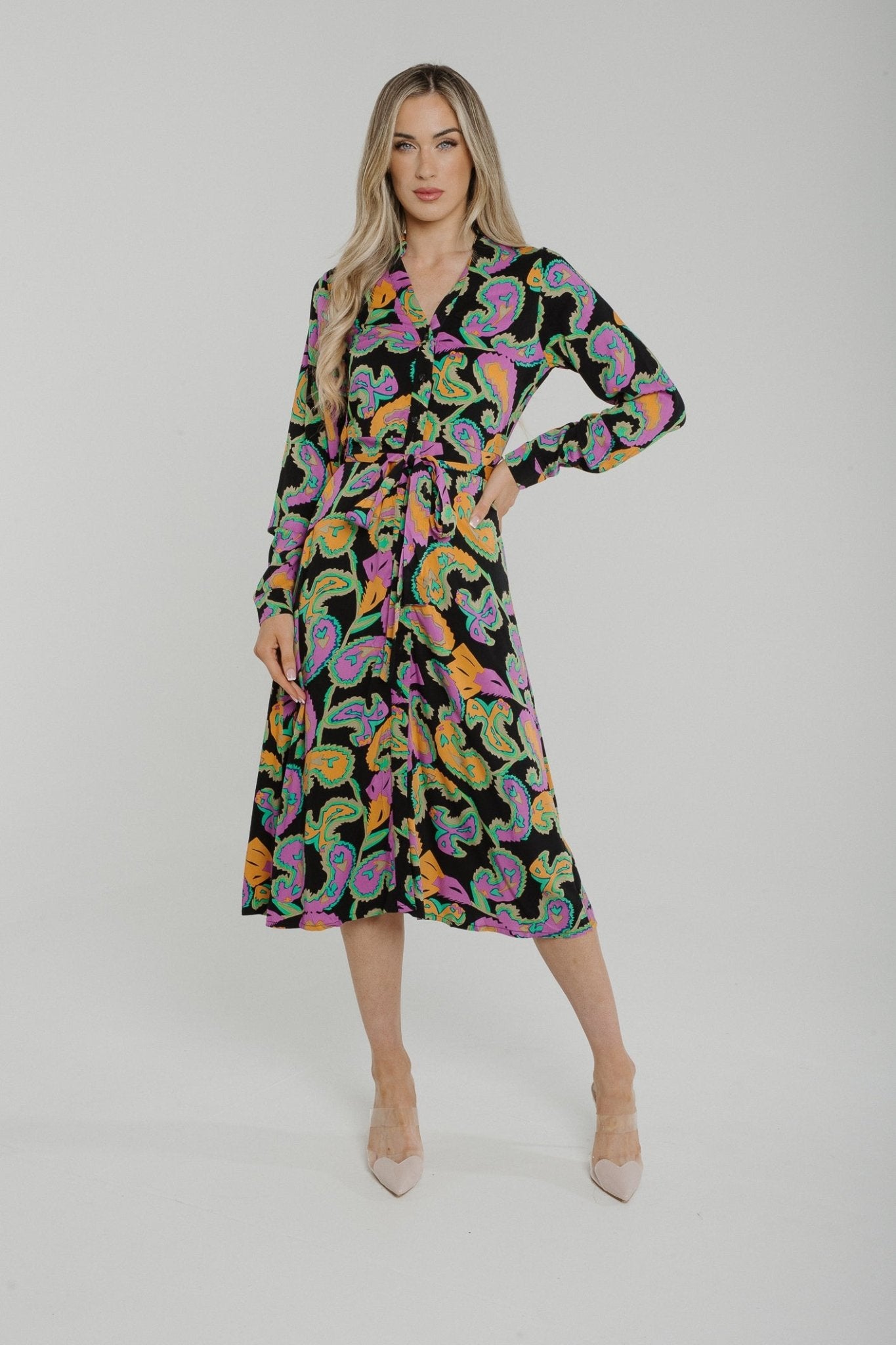 Penny Tie Waist Shirt Dress In Black Multi - The Walk in Wardrobe