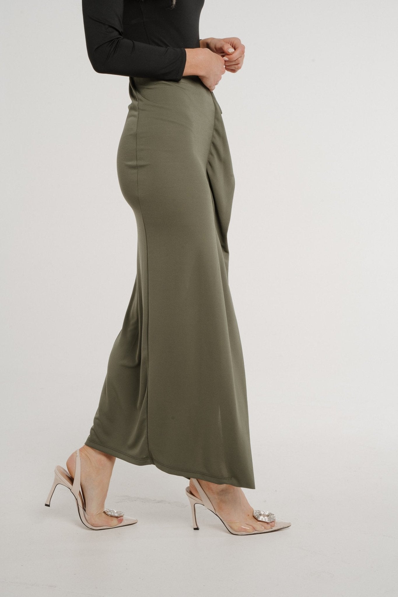Pia Frill Side Midi Skirt In Khaki - The Walk in Wardrobe
