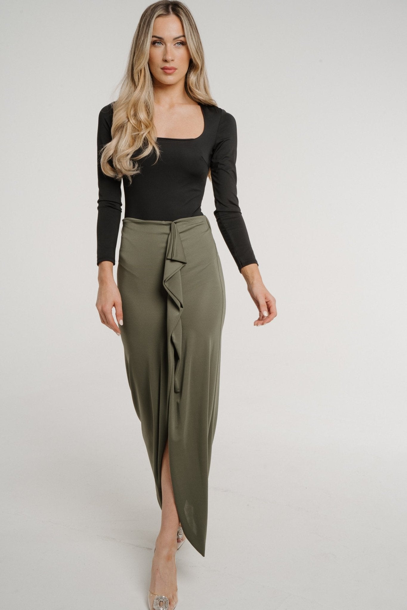 Pia Frill Side Midi Skirt In Khaki - The Walk in Wardrobe