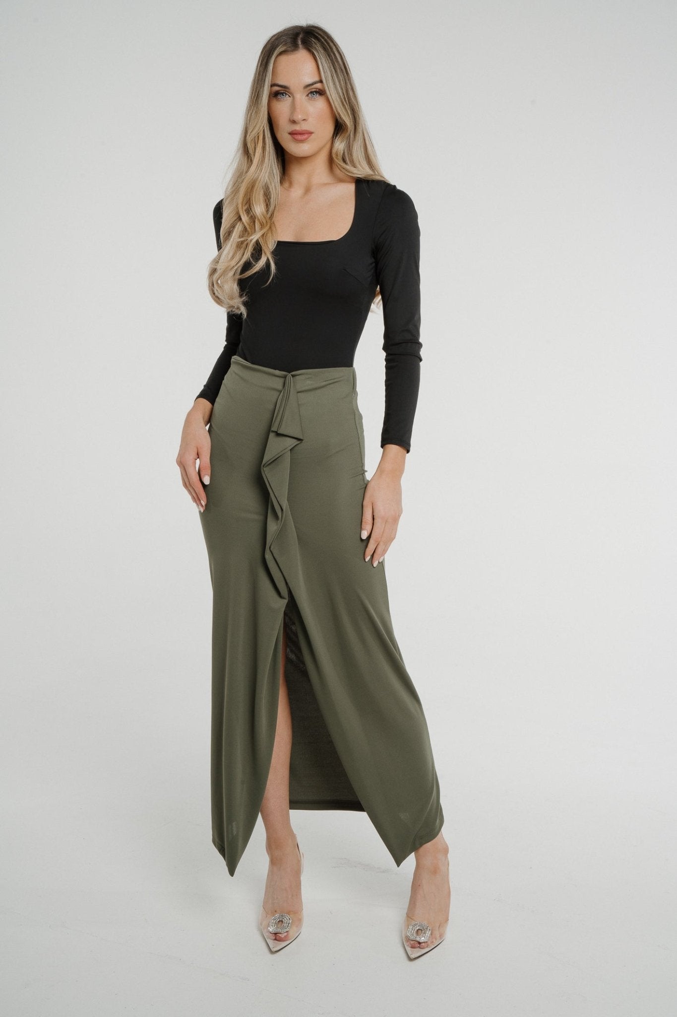 Pia Frill Side Midi Skirt In Khaki - The Walk in Wardrobe