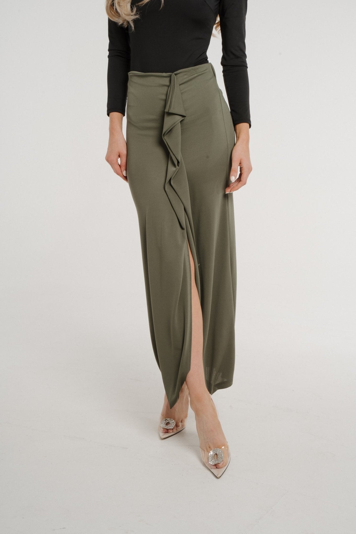 Pia Frill Side Midi Skirt In Khaki - The Walk in Wardrobe