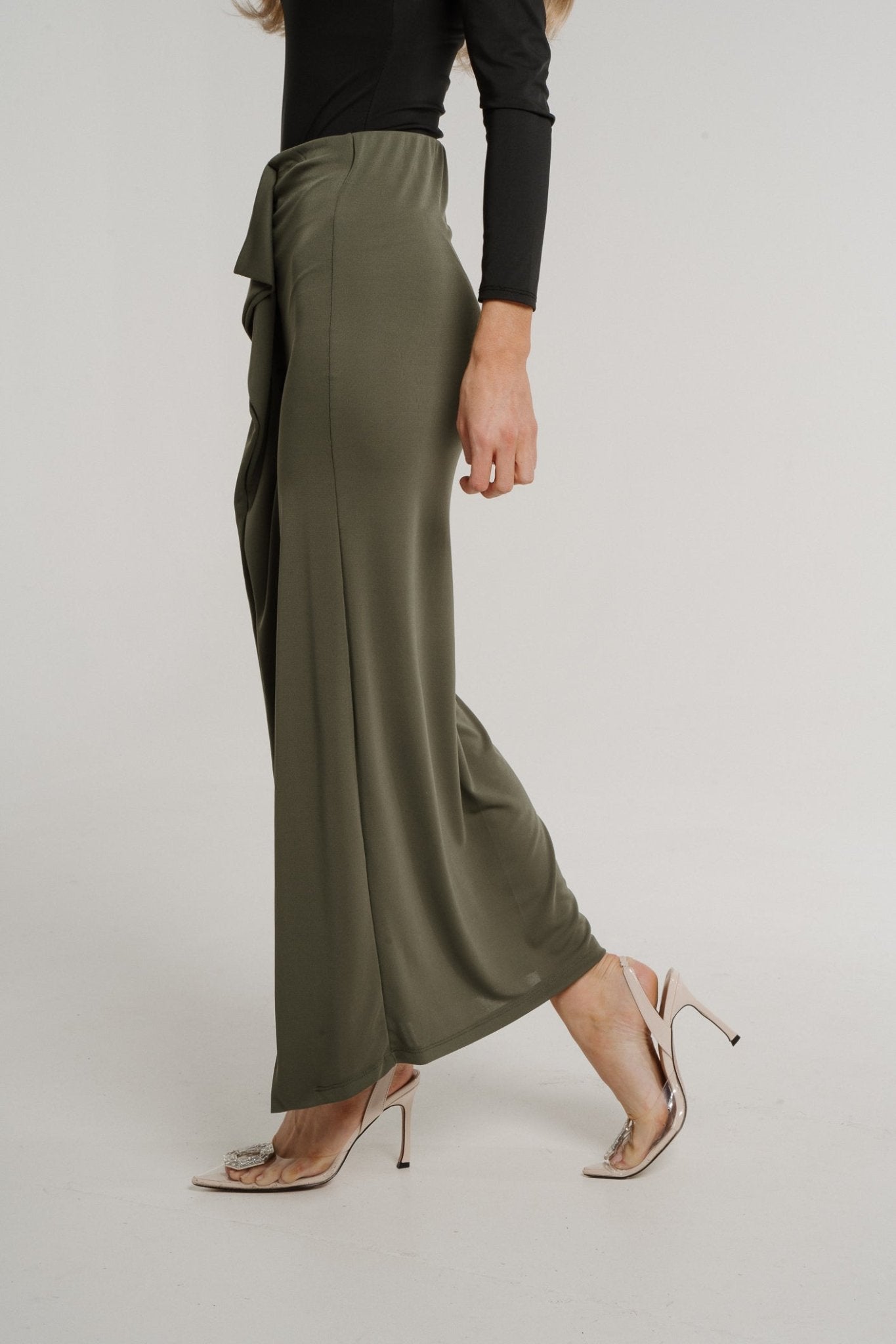 Pia Frill Side Midi Skirt In Khaki - The Walk in Wardrobe
