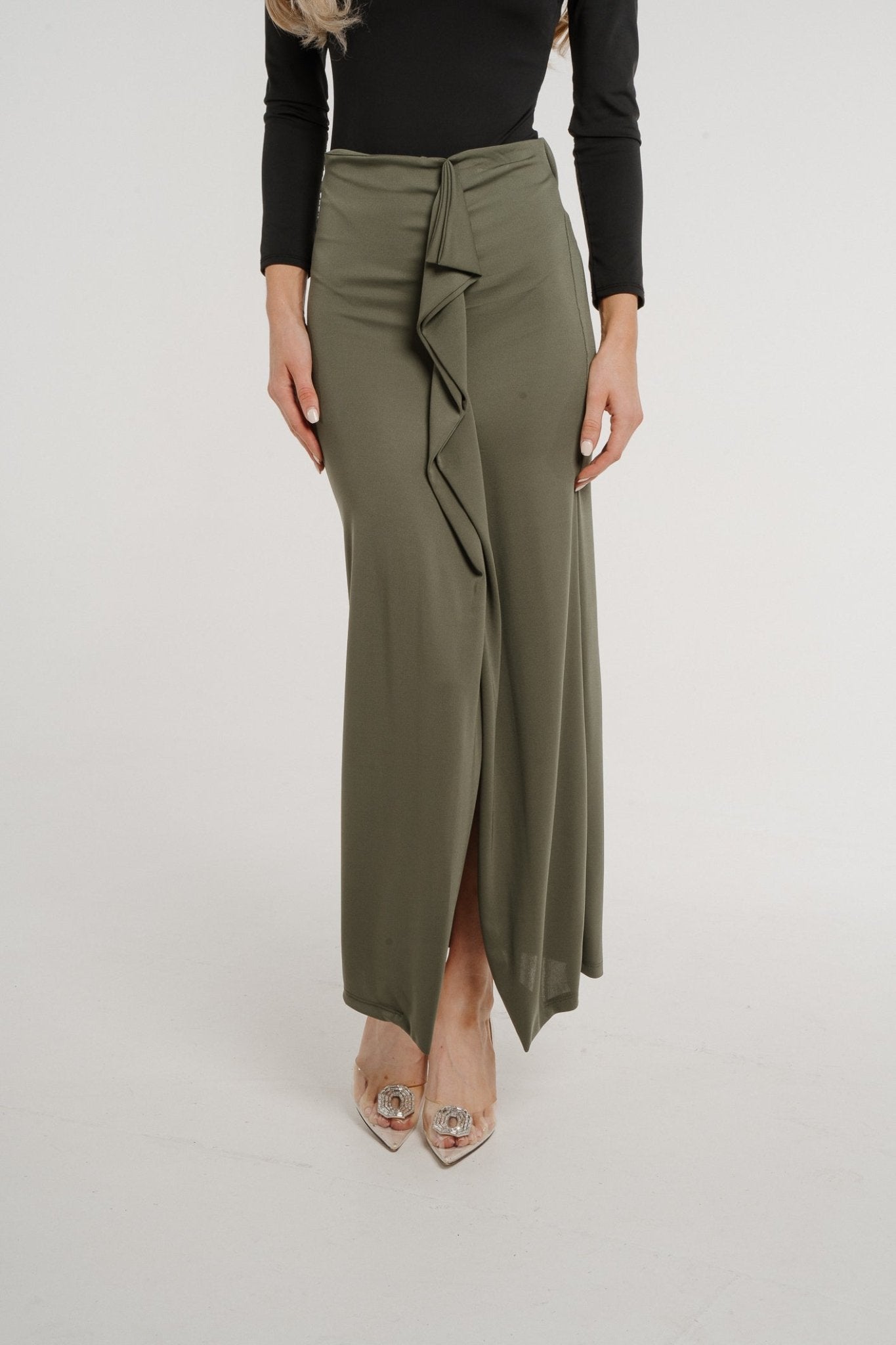 Pia Frill Side Midi Skirt In Khaki - The Walk in Wardrobe