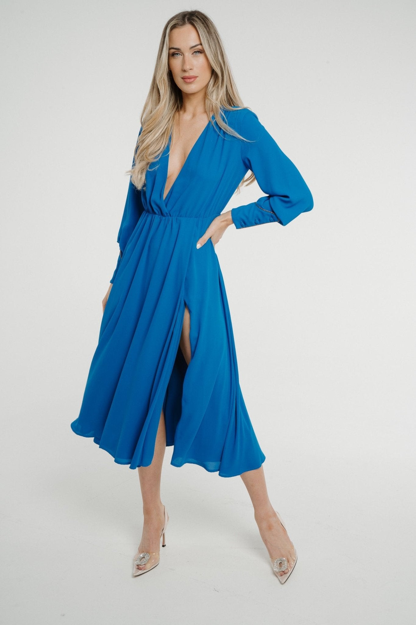 Pia V-Neck Midi Dress In Blue - The Walk in Wardrobe