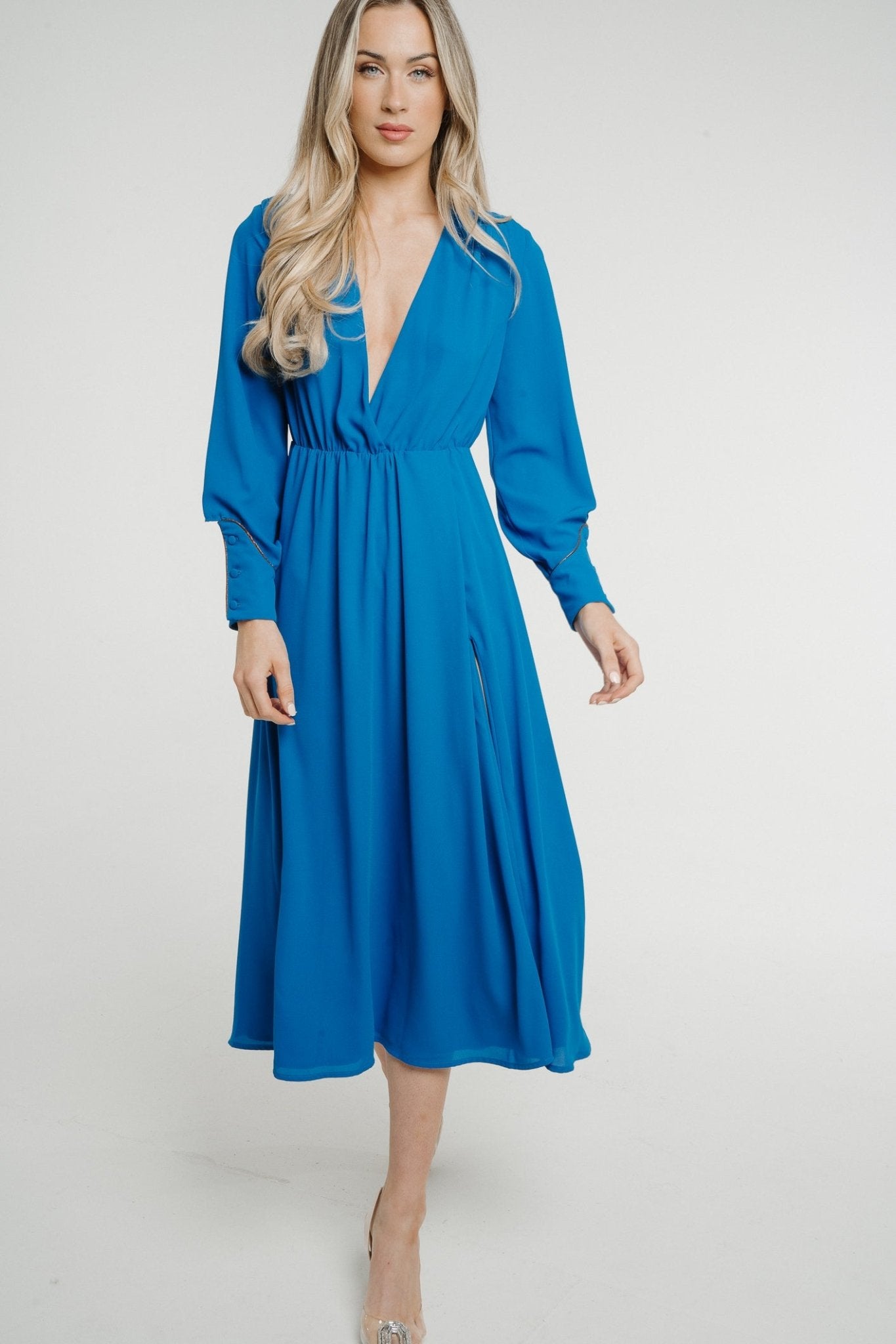 Pia V-Neck Midi Dress In Blue - The Walk in Wardrobe