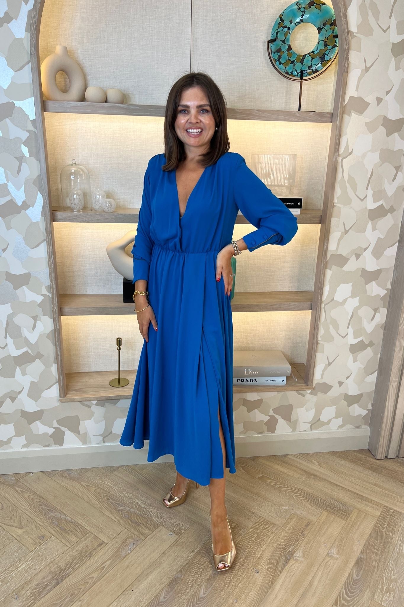 Pia V-Neck Midi Dress In Blue - The Walk in Wardrobe