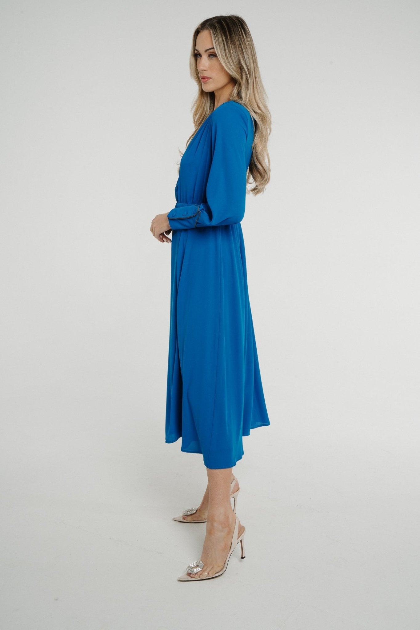 Pia V-Neck Midi Dress In Blue - The Walk in Wardrobe