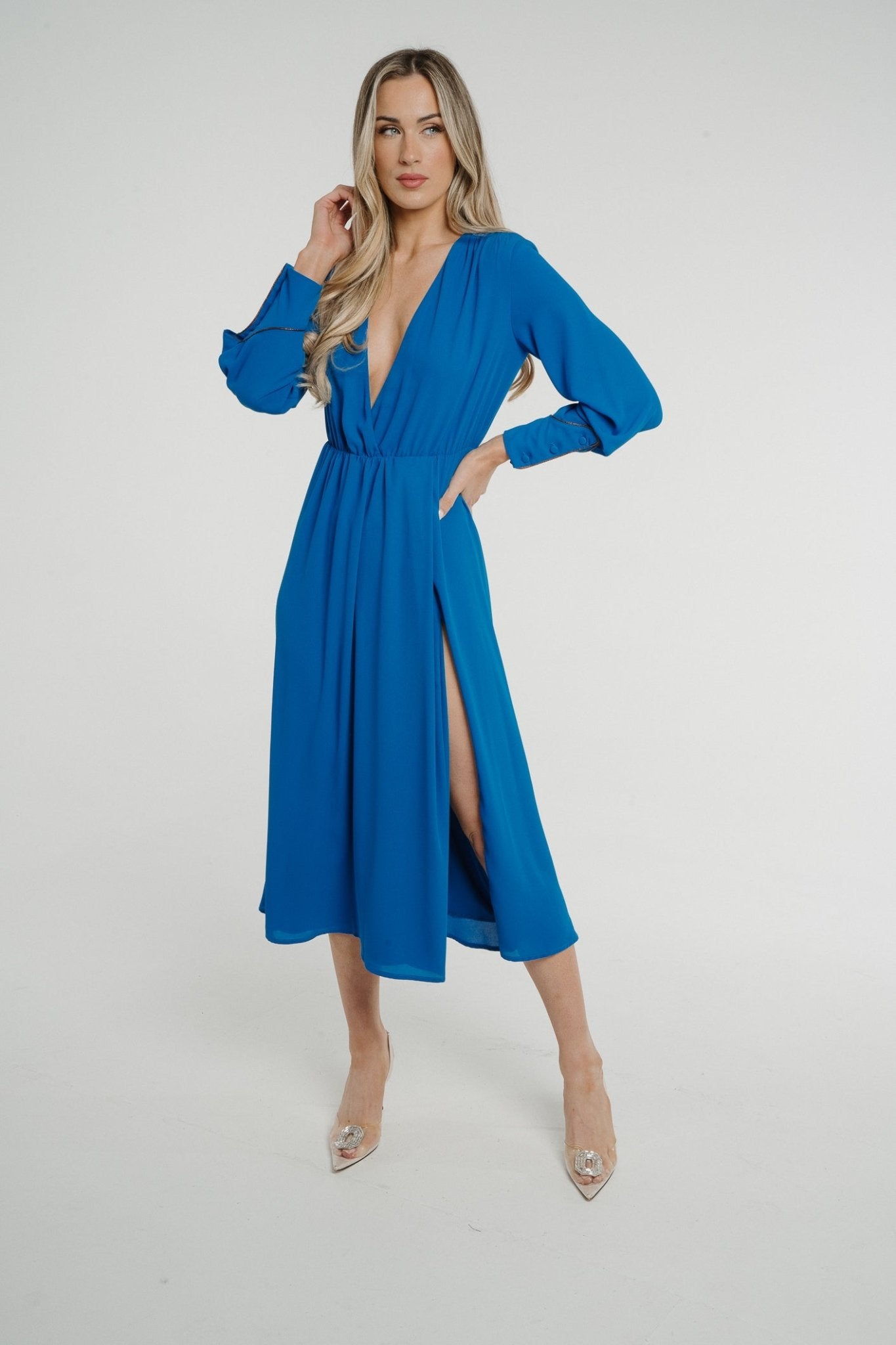 Pia V-Neck Midi Dress In Blue - The Walk in Wardrobe