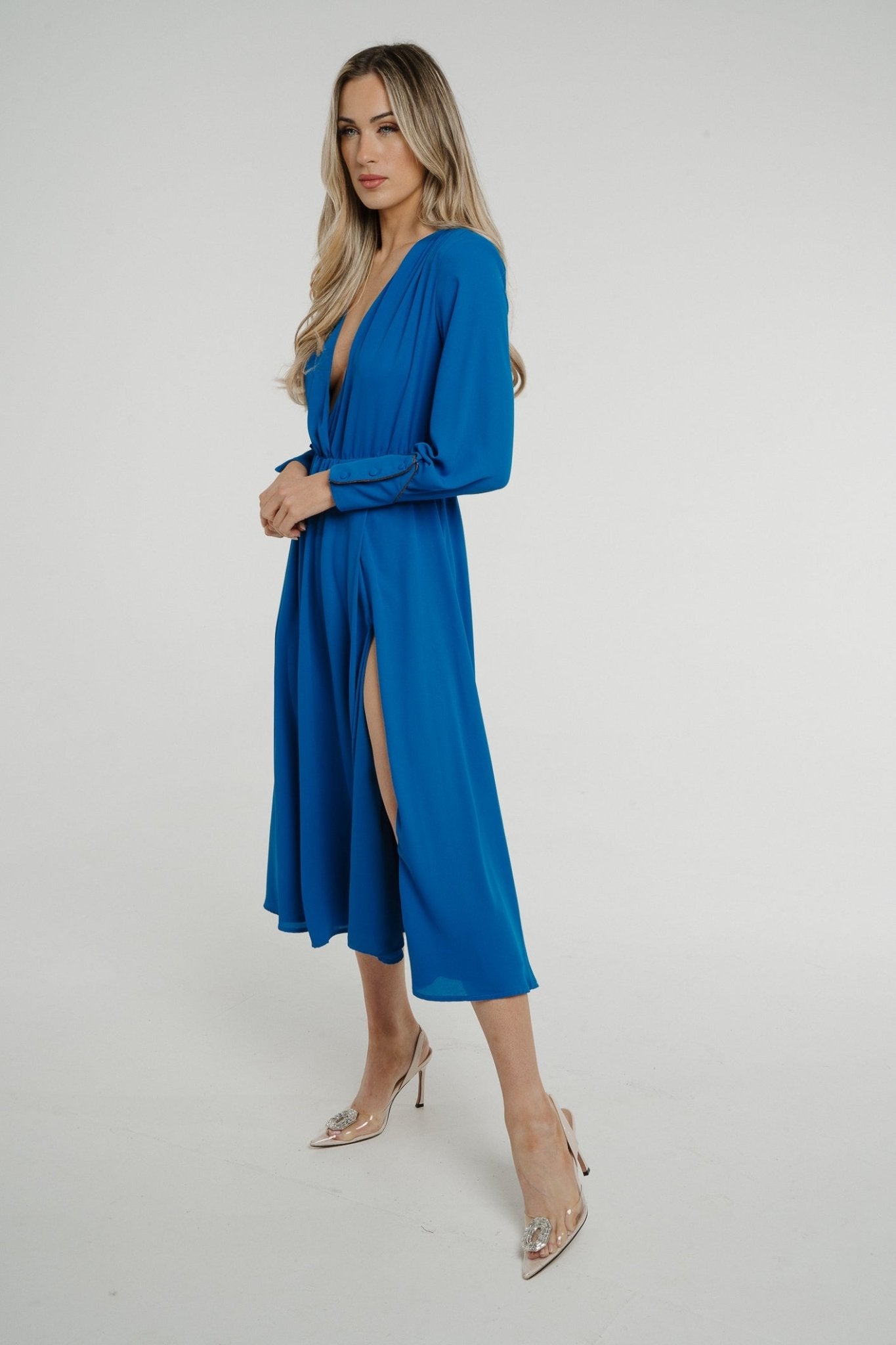 Pia V-Neck Midi Dress In Blue - The Walk in Wardrobe