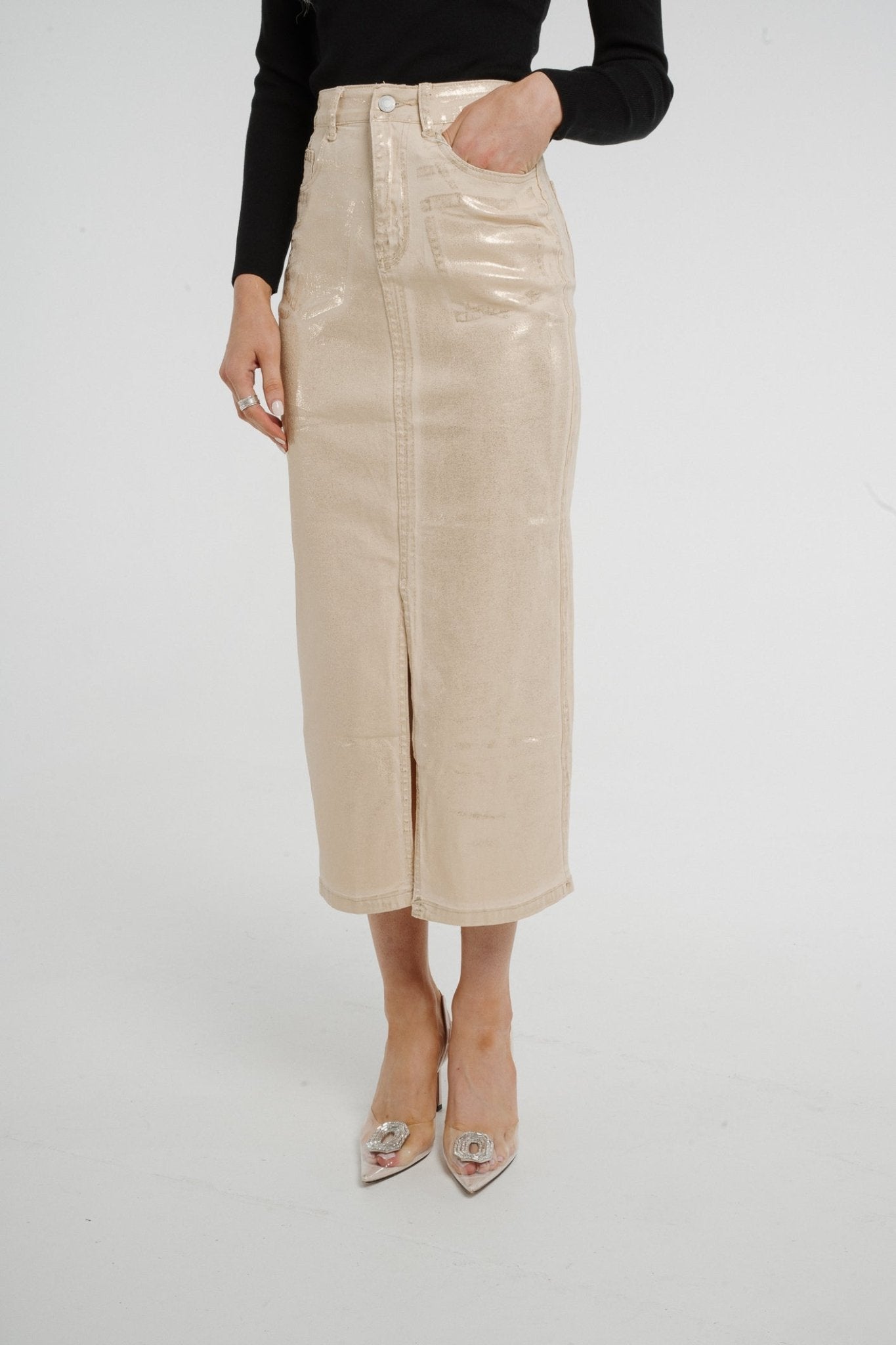 Polly Metallic Denim Skirt In Gold - The Walk in Wardrobe