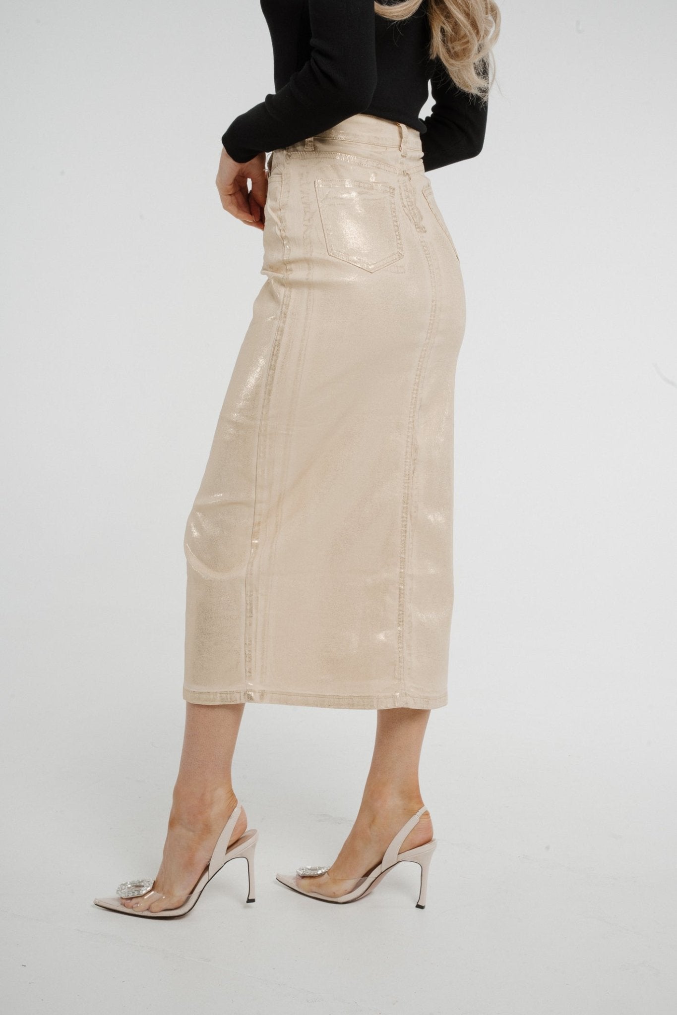 Polly Metallic Denim Skirt In Gold - The Walk in Wardrobe