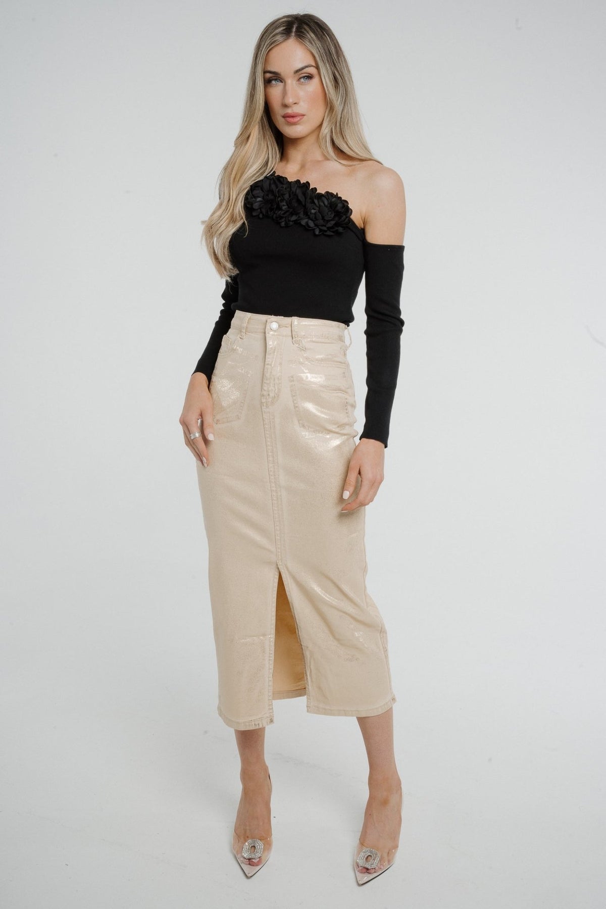 Polly Metallic Denim Skirt In Gold - The Walk in Wardrobe
