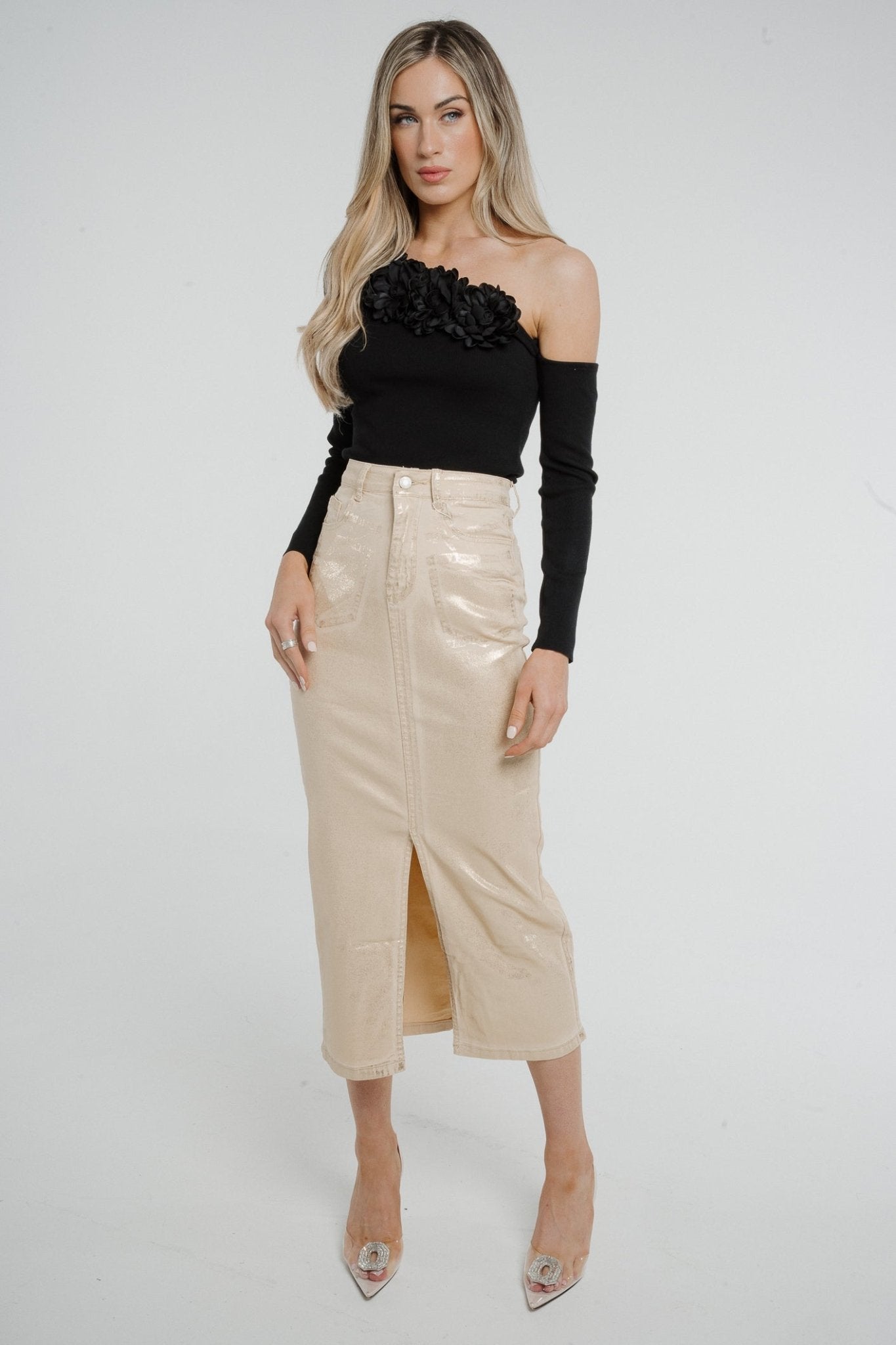 Polly Metallic Denim Skirt In Gold - The Walk in Wardrobe
