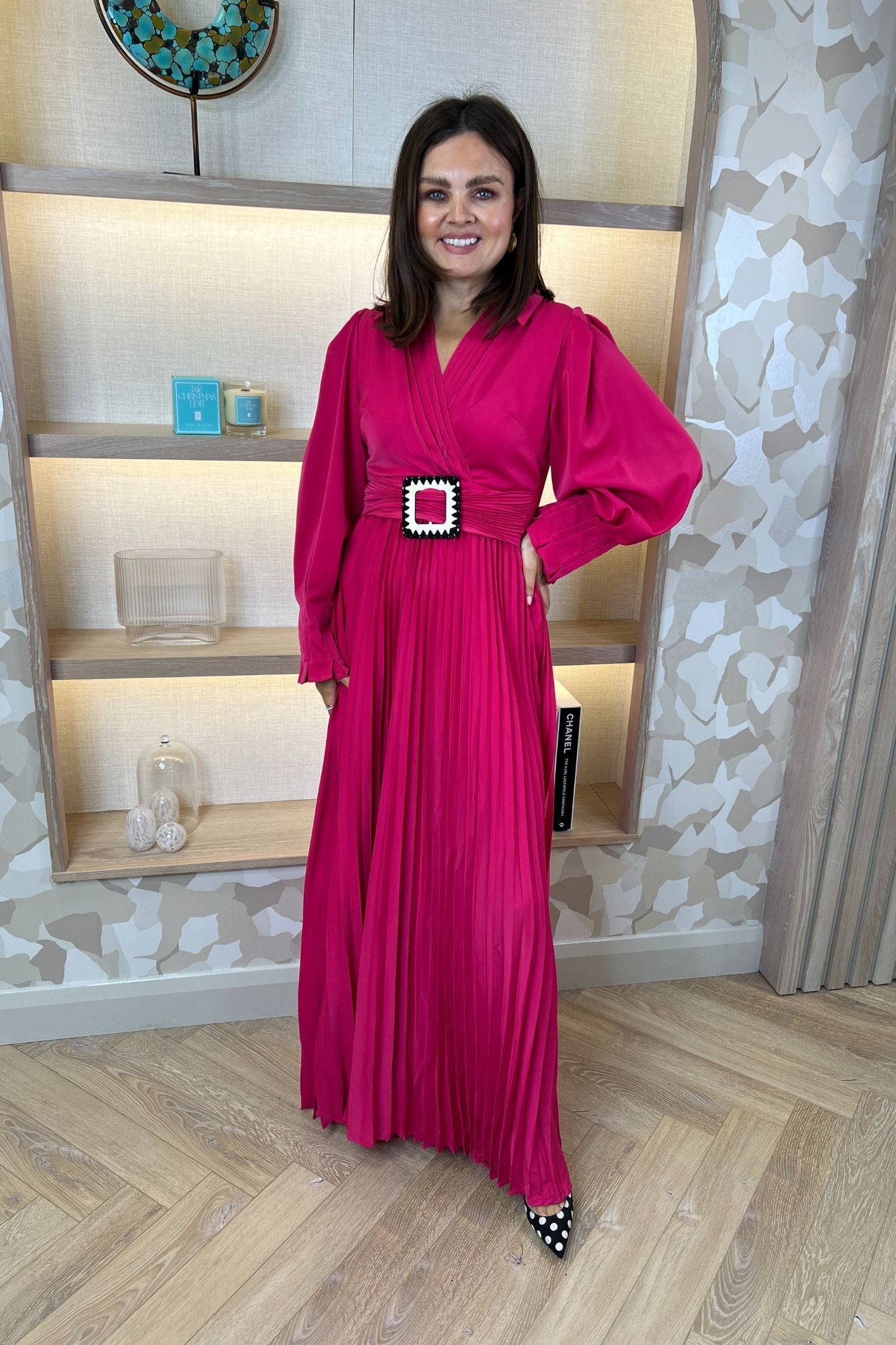 Taylor Belted Pleat Dress In Fuchsia - The Walk in Wardrobe