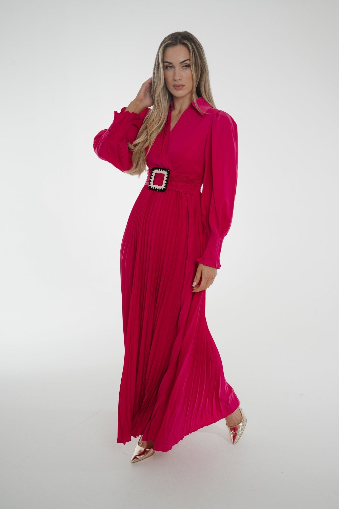 Taylor Belted Pleat Dress In Fuchsia - The Walk in Wardrobe