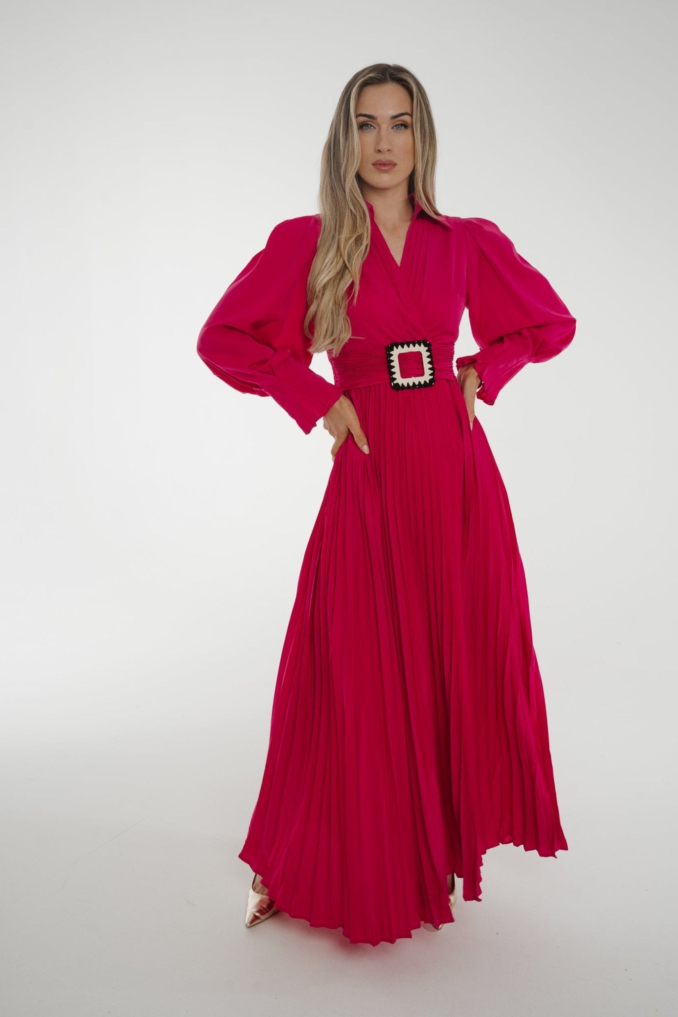 Taylor Belted Pleat Dress In Fuchsia - The Walk in Wardrobe