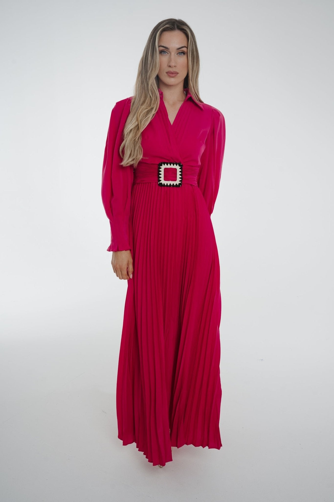 Taylor Belted Pleat Dress In Fuchsia - The Walk in Wardrobe