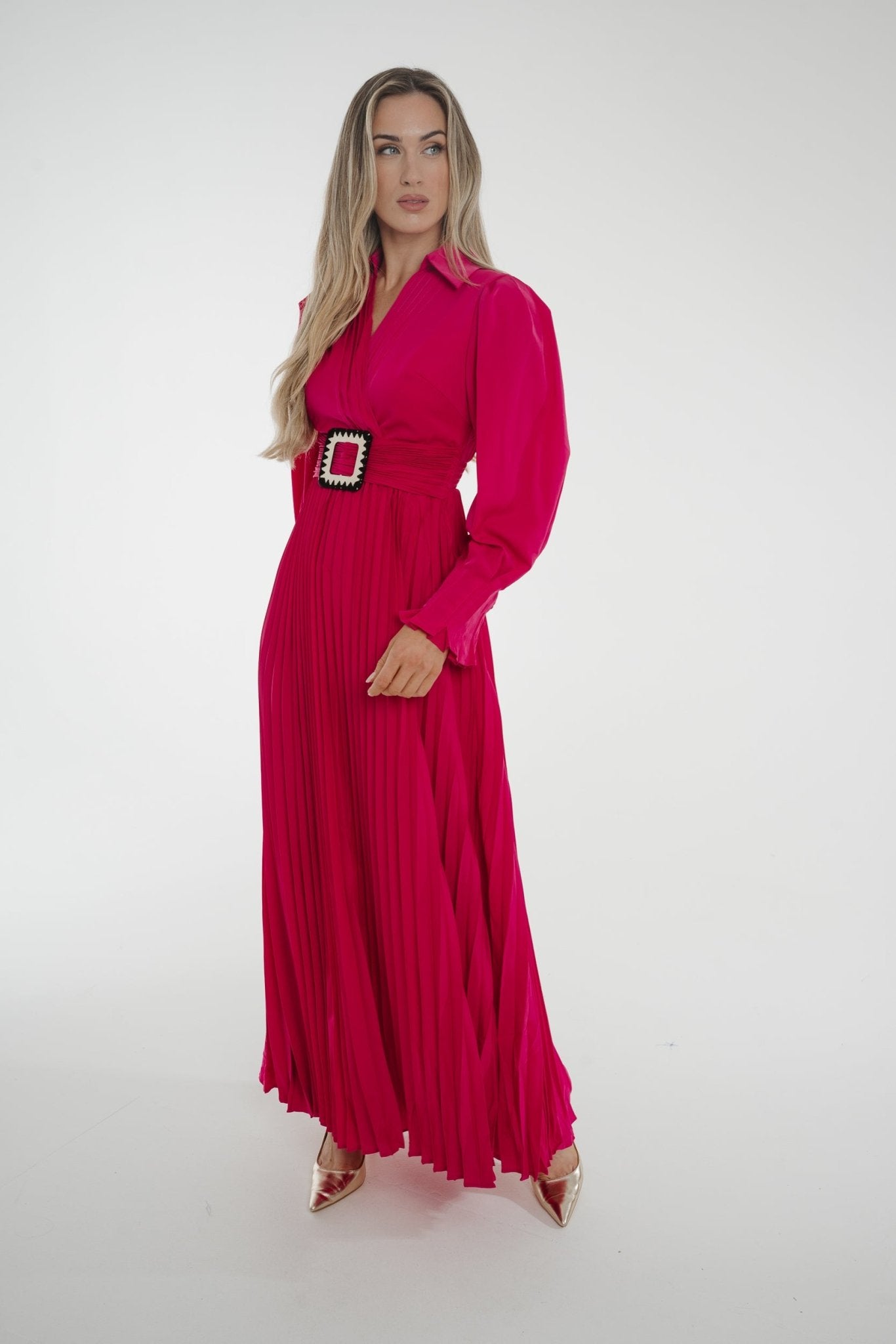 Taylor Belted Pleat Dress In Fuchsia - The Walk in Wardrobe