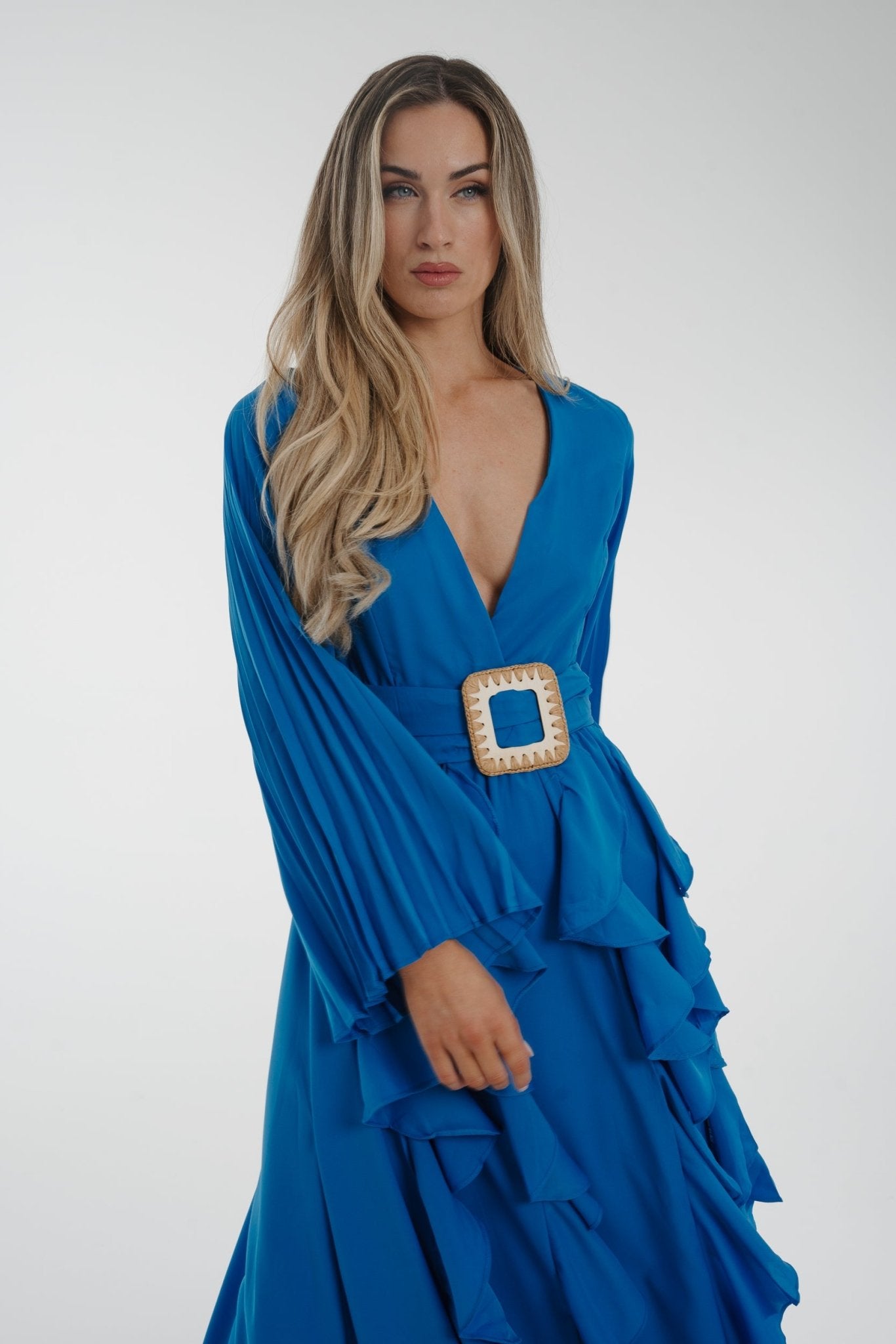 Taylor Belted Ruffle Dress In Blue - The Walk in Wardrobe