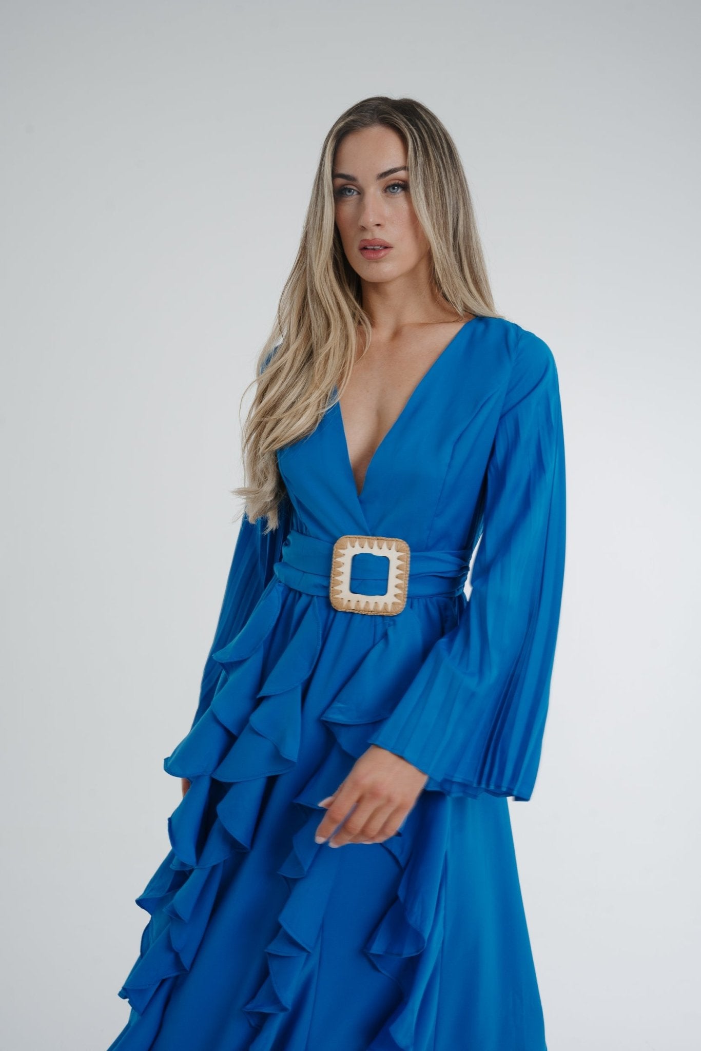 Taylor Belted Ruffle Dress In Blue - The Walk in Wardrobe