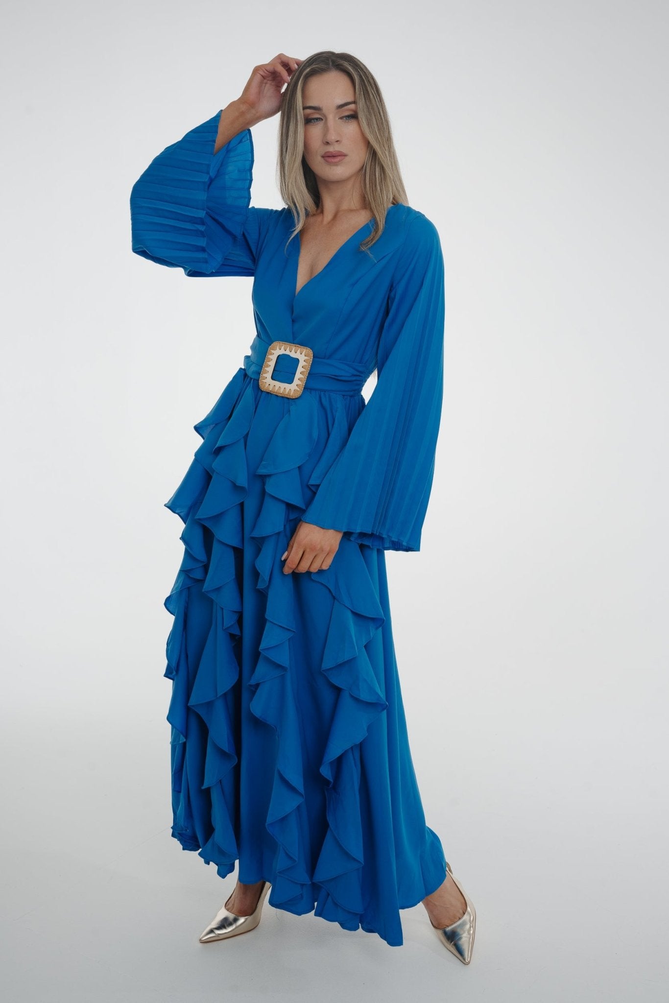 Taylor Belted Ruffle Dress In Blue - The Walk in Wardrobe
