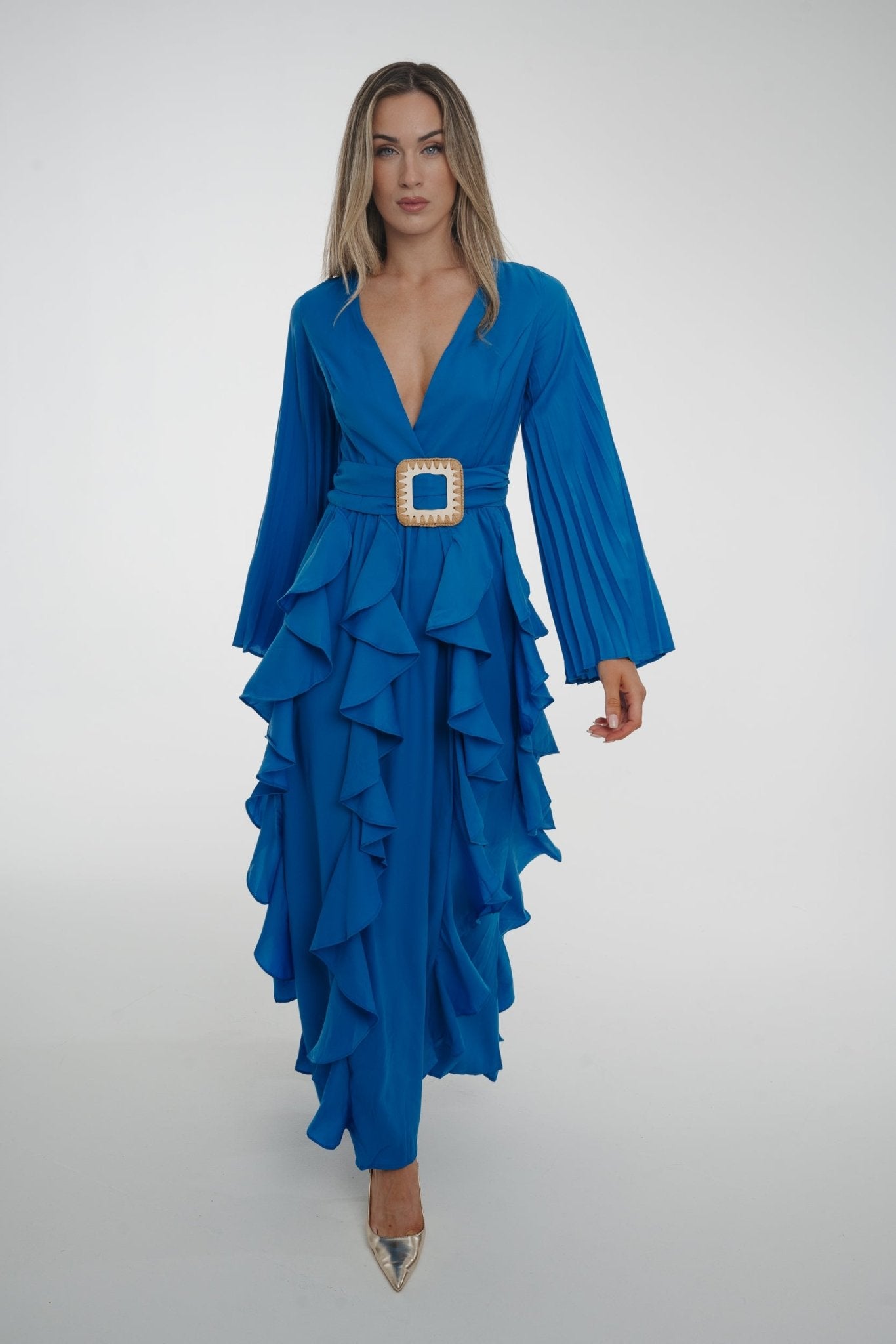 Taylor Belted Ruffle Dress In Blue - The Walk in Wardrobe
