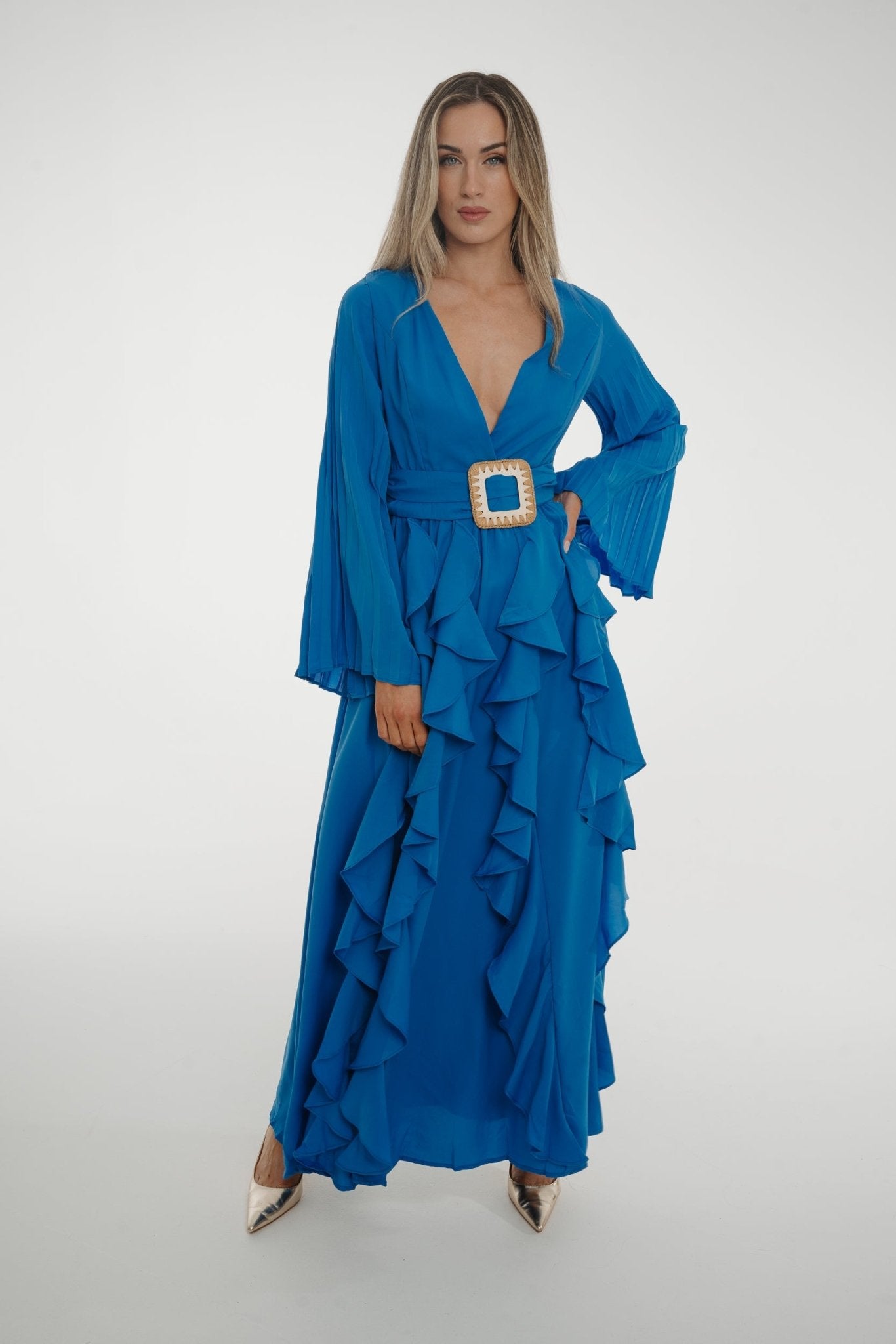 Taylor Belted Ruffle Dress In Blue - The Walk in Wardrobe